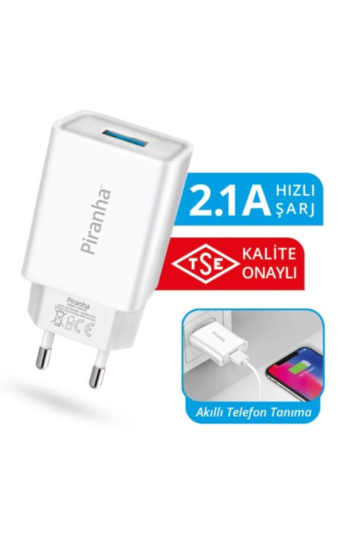 TSE kalite damgalı beyaz Piranha 2,1A şarj cihazı ve telefon şarj göstergesi.