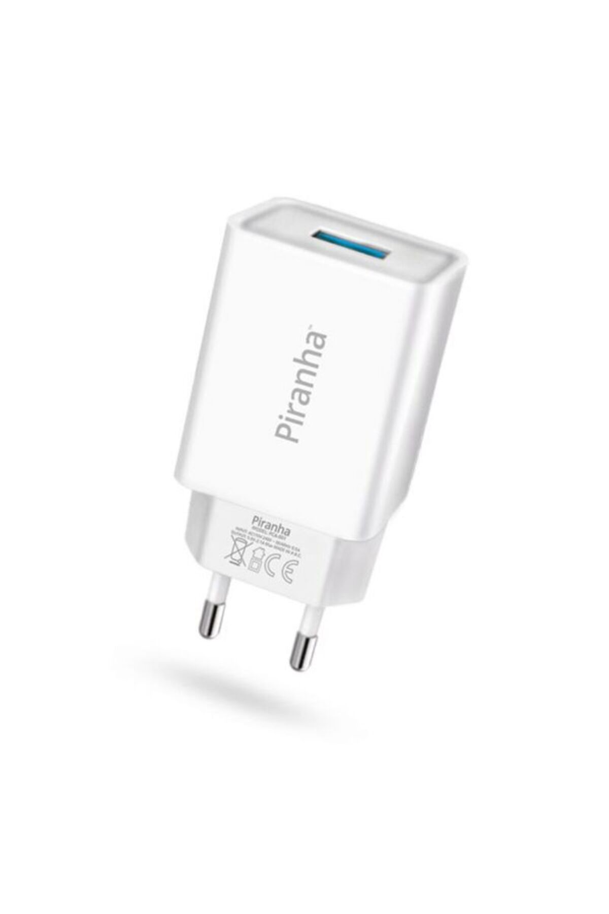 USB bağlantı noktasına ve iki AB fiş pinine sahip beyaz Piranha şarj cihazı.