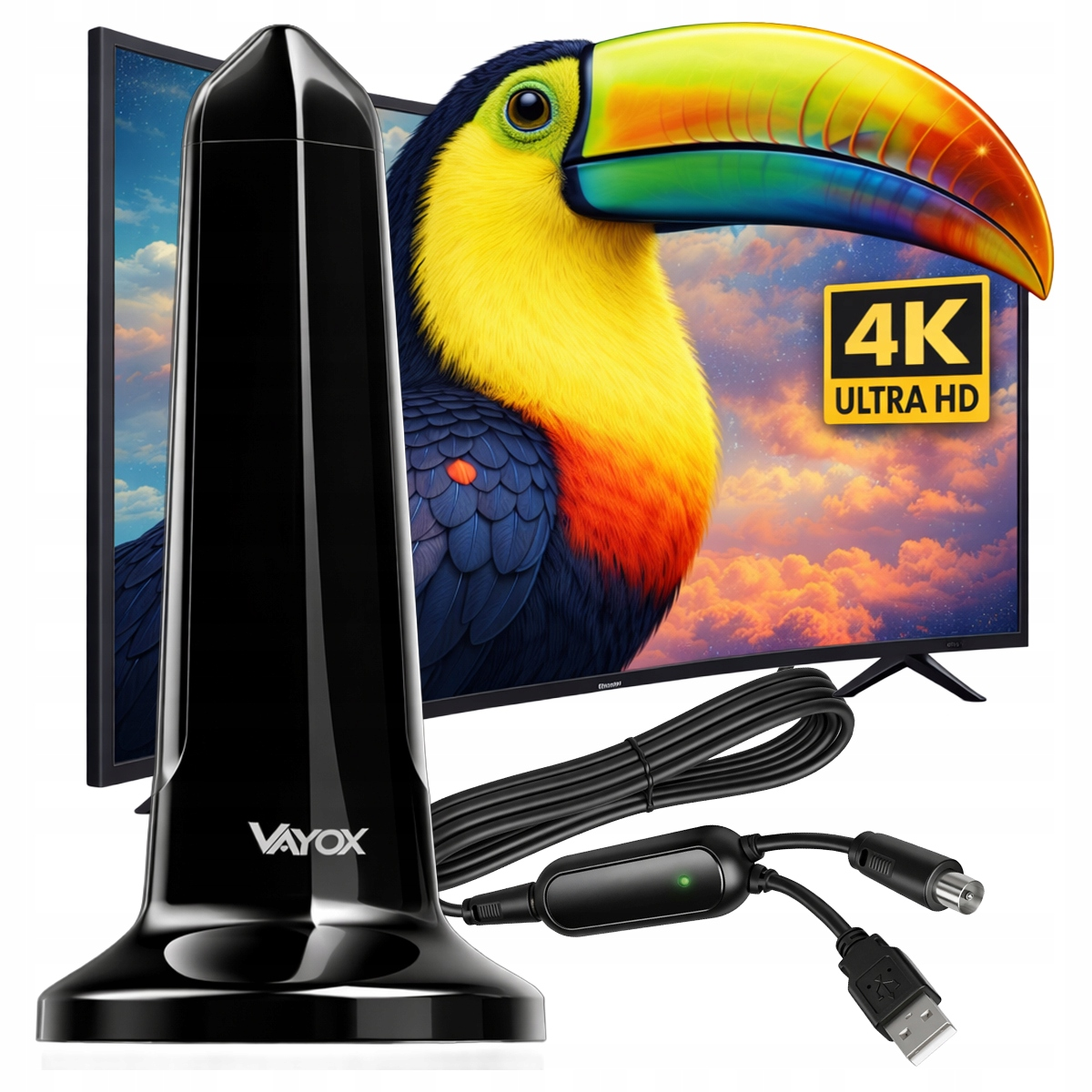 Czarna podstawa anteny TV z kablem przed ekranem pokazującym głowę tukana i logo 4K.