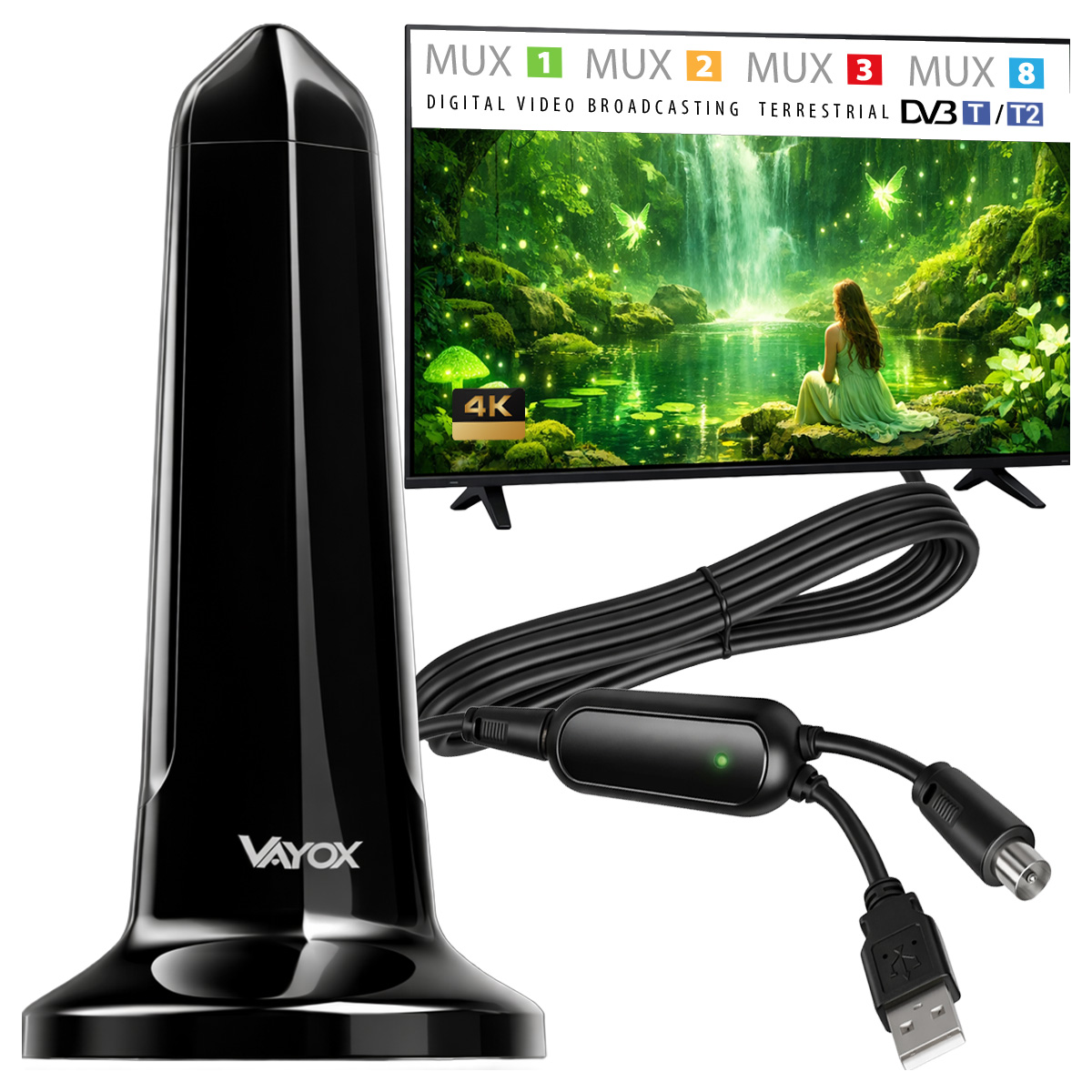 Czarna antena Vayox z telewizorem pokazującym fantastyczny wodospad, z kablami USB i koncentrycznym.