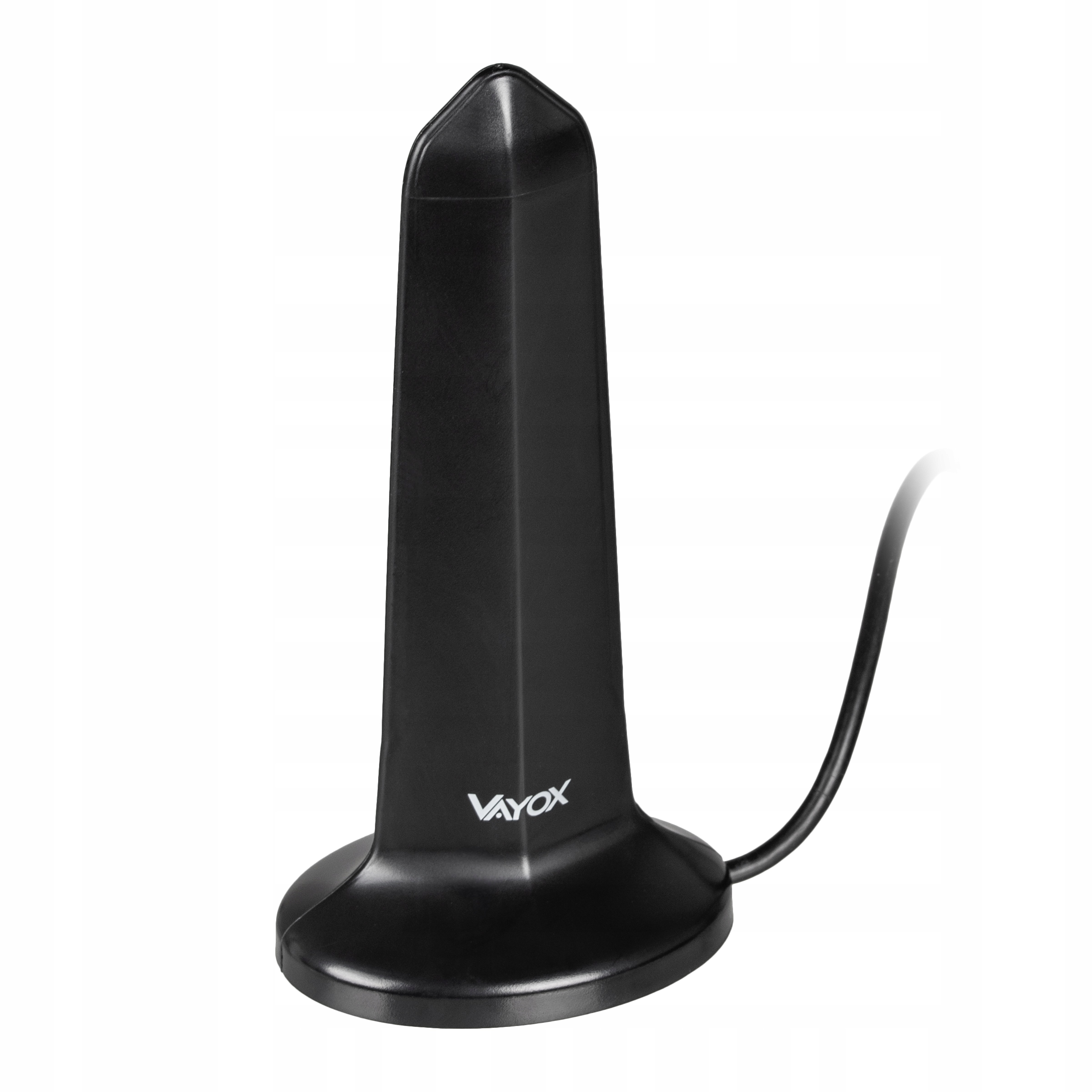 Czarna antena z logo VAYOX i kablem na białym tle.