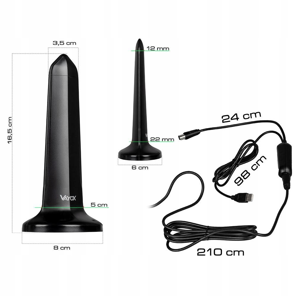 Czarna antena z wymiarami i kablami.