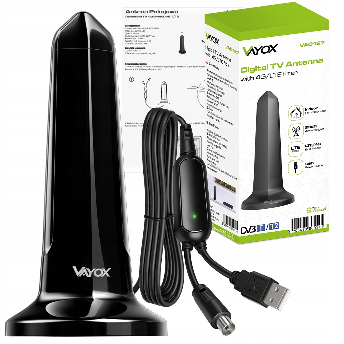 Czarna antena DVB-T2 z kablem zasilającym USB i złączem.