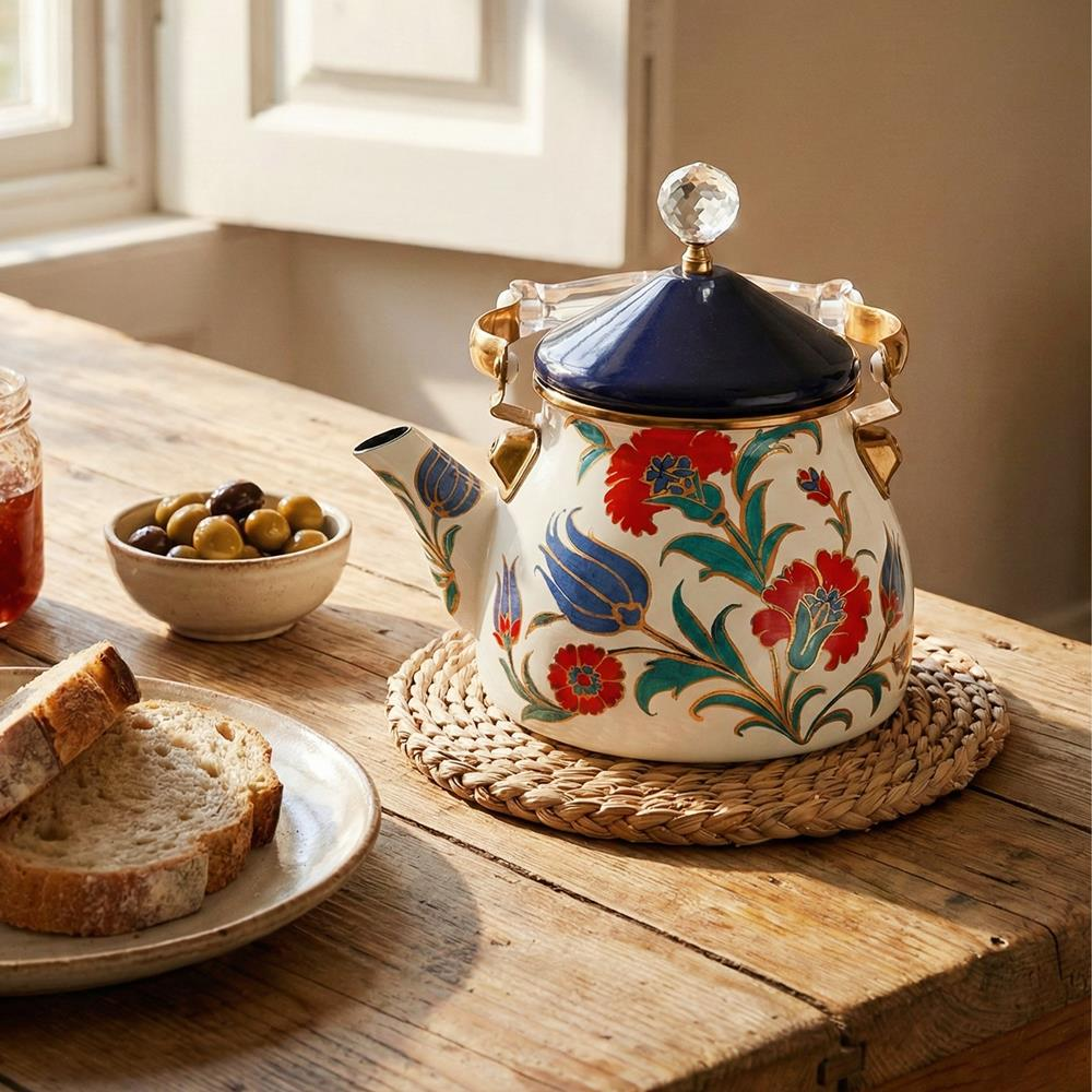 Ahşap masa üzerinde çiçek desenli dekoratif çaydanlık, ekmek, zeytin ve reçel.