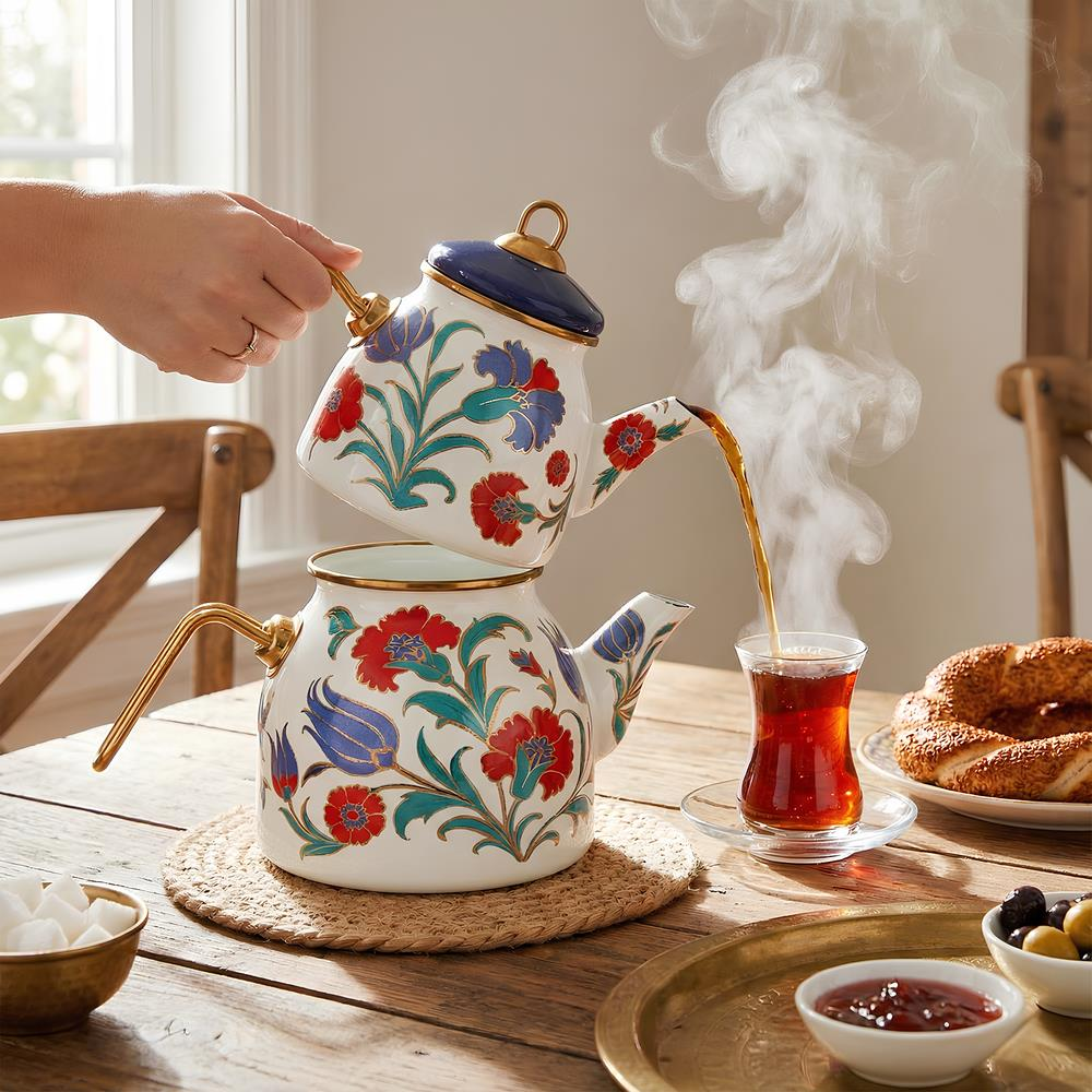 Bir el, çiçekli çaydanlıktan bir bardağa çay döküyor. Buhar yükseliyor.