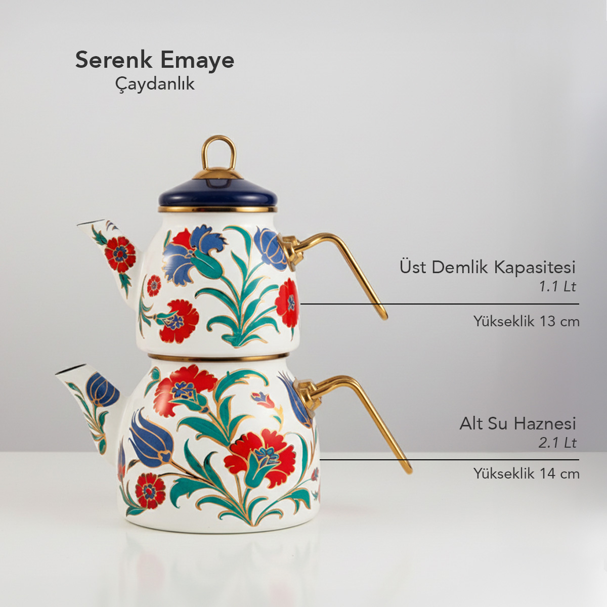 Kırmızı, mavi ve yeşil çiçek desenli, mavi kapaklı beyaz çaydanlık.