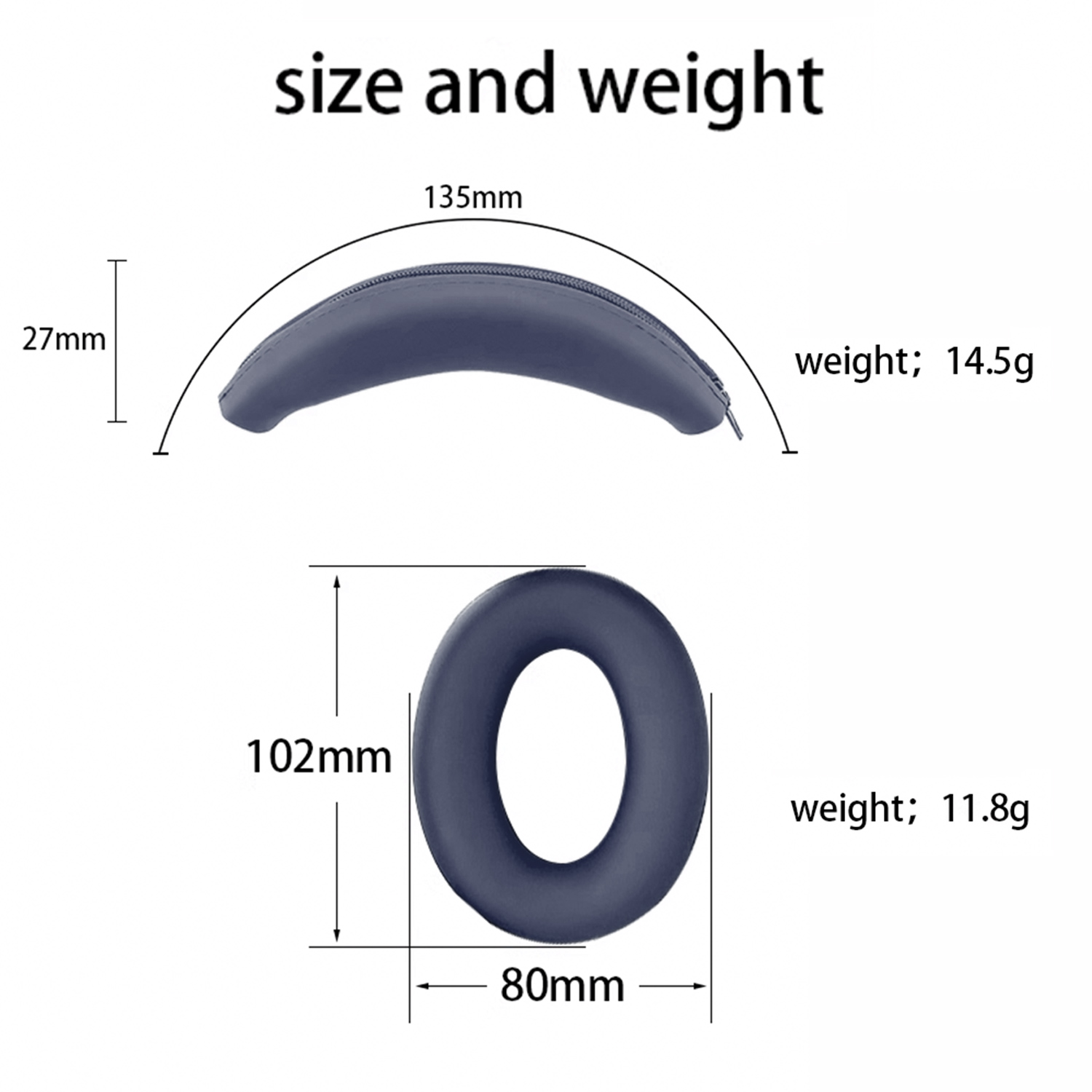 Größen- und Gewichtsangaben für ein blaues Kopfhörerkissen: 135x27mm, 14.5g.