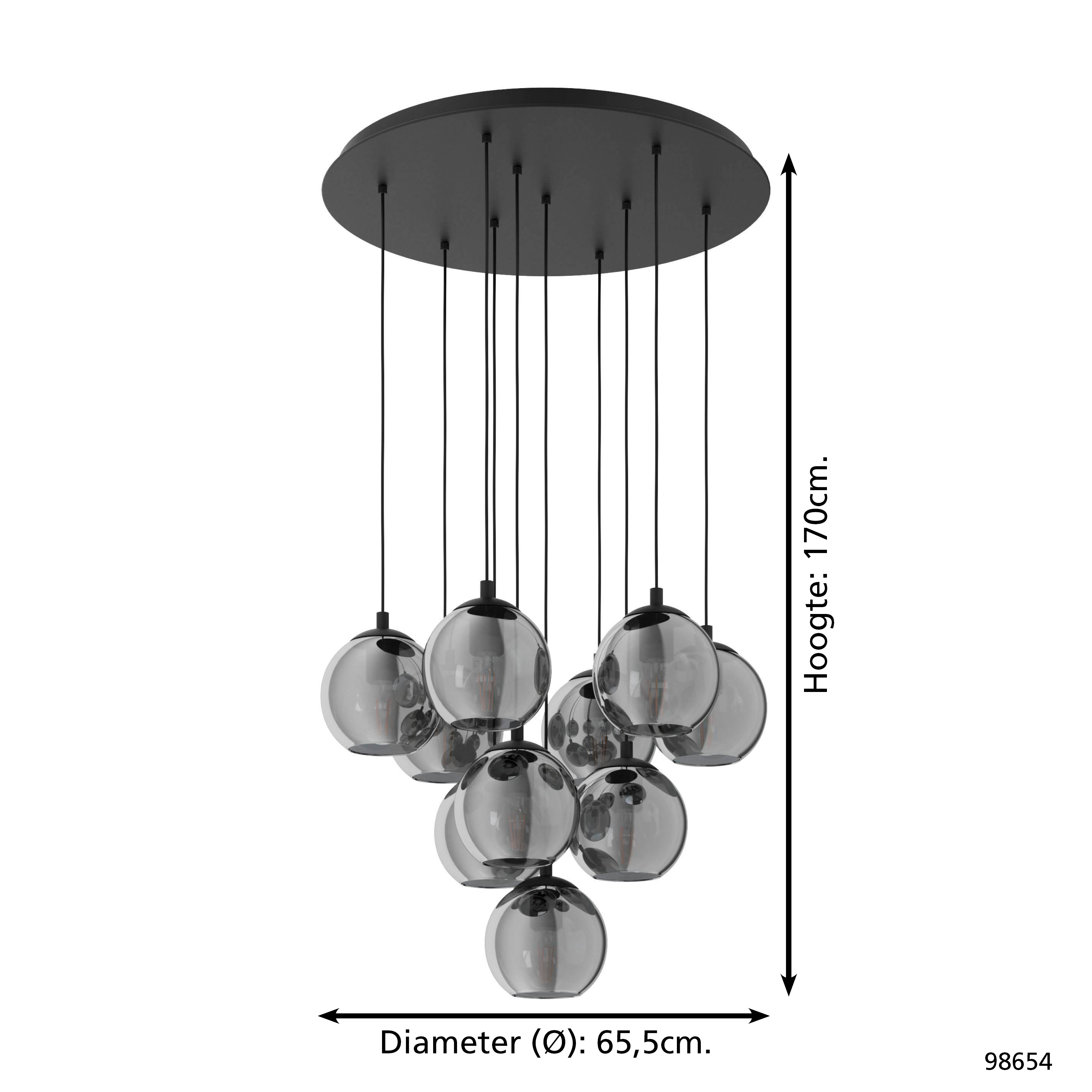 Lampada a sospensione con placca nera e nove sfere in vetro fumé.