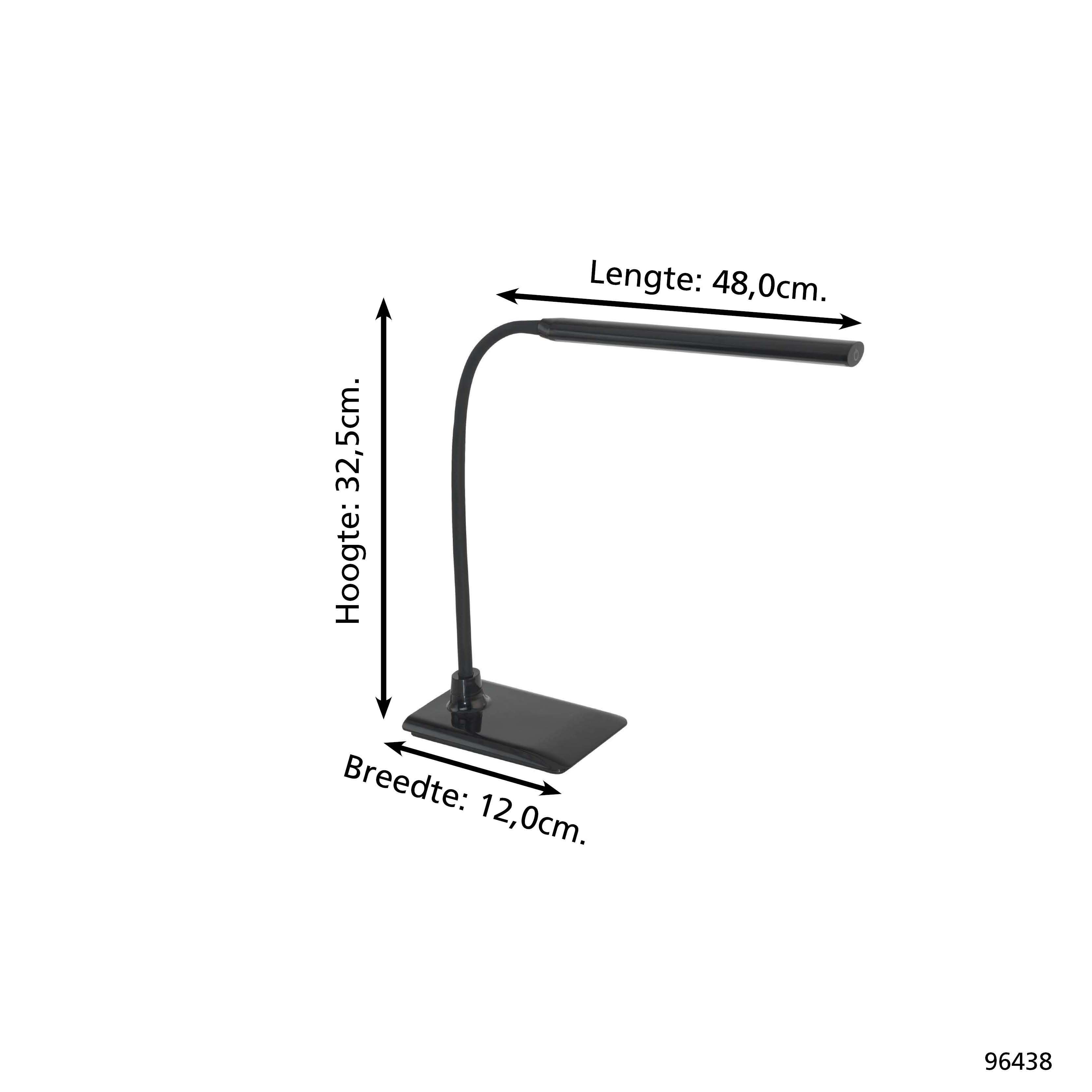 Lámpara de escritorio negra con brazo flexible y base rectangular.