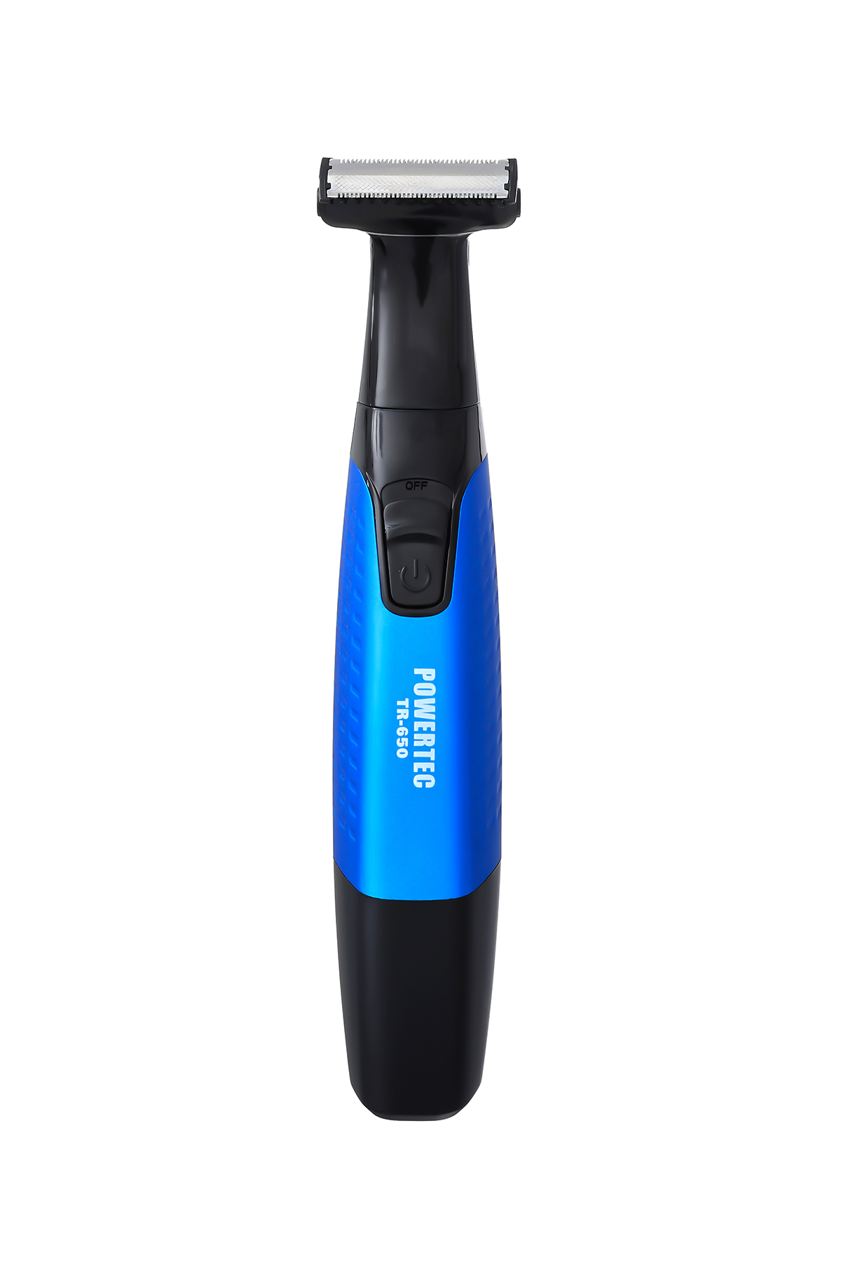 Gümüş bıçaklı ve Powertec logolu mavi ve siyah elektrikli tüy dökücü.