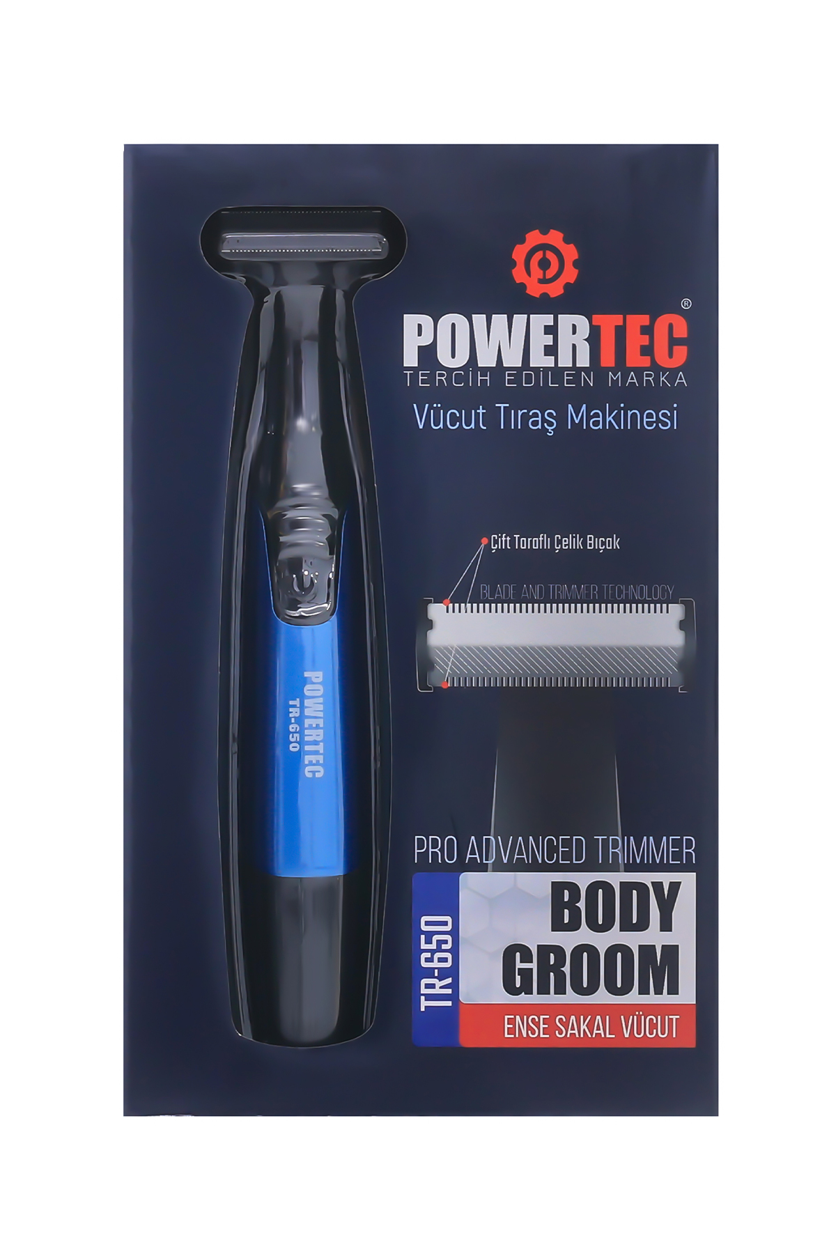 Mavi saplı ve bıçak teknolojili Powertec vücut bakım cihazı.
