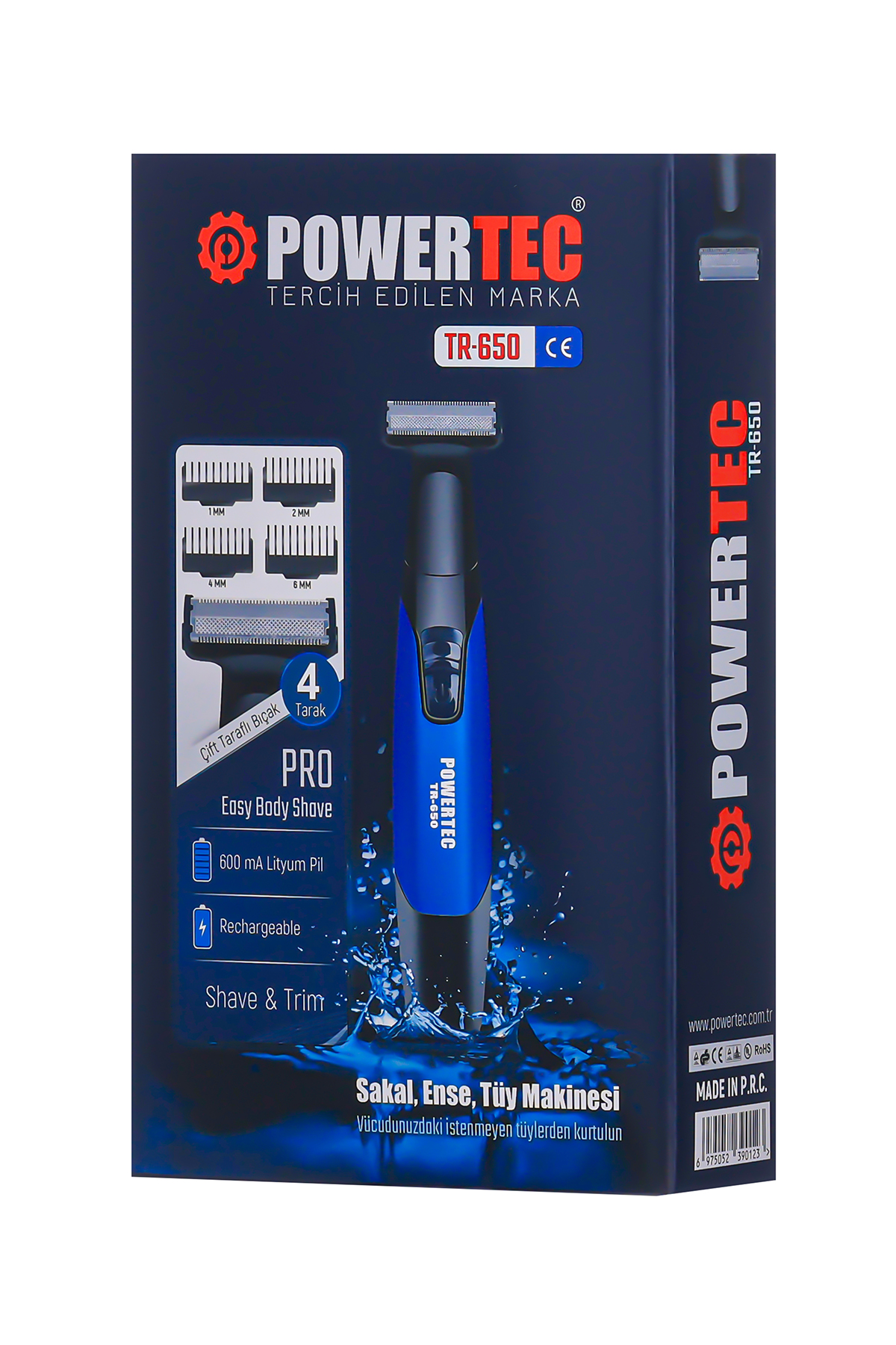 Powertec tıraş makinesi ambalajı, tıraş makinesi, aparatlar ve detaylar.