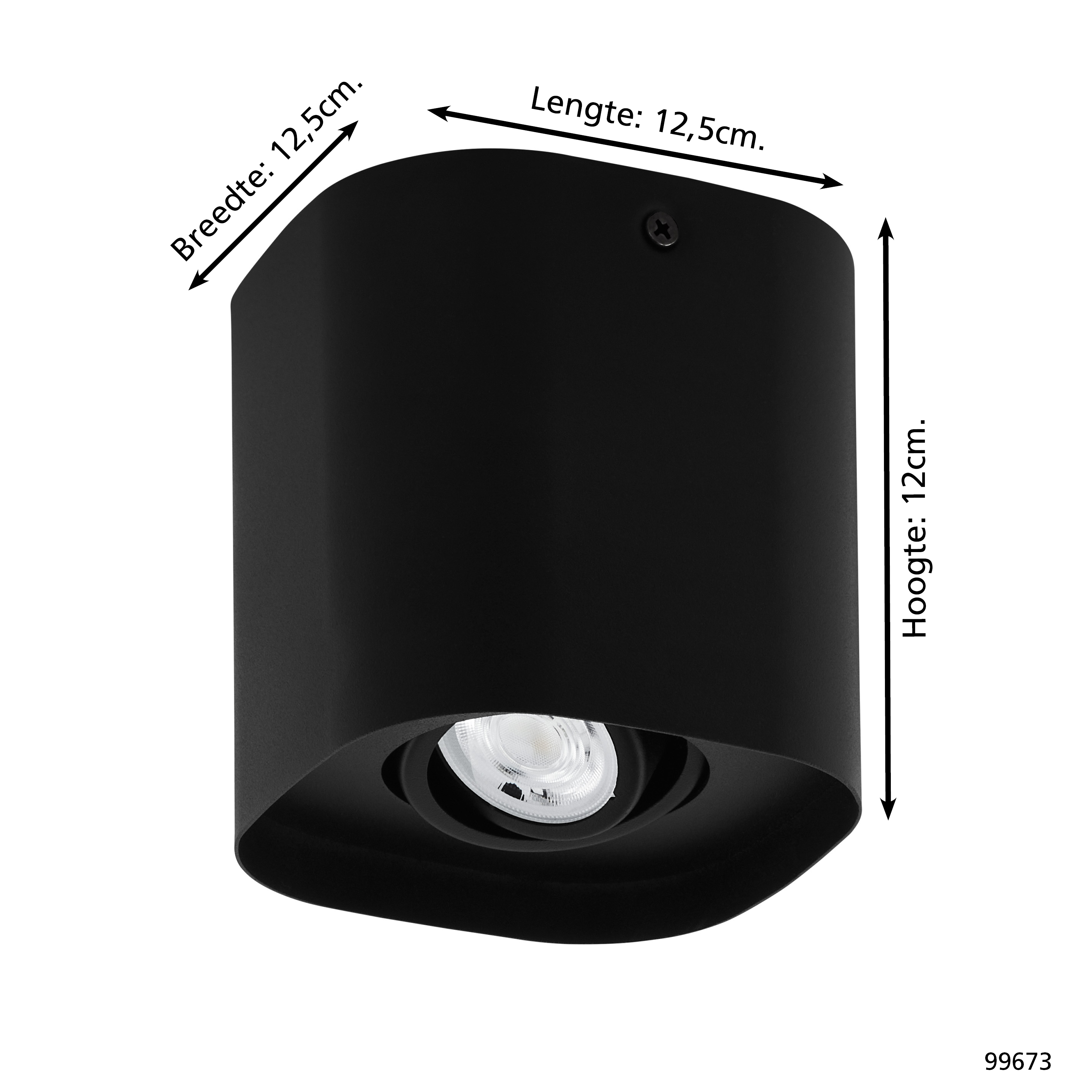 Schwarze Lampe mit Maßen: 12,5cm breit, 12,5cm lang, 12cm hoch.