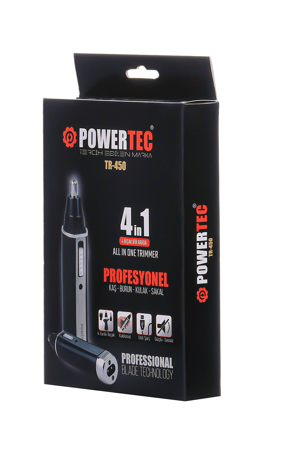 Gümüş ve siyah POWERTEC logolu tüy dökücü kutusu. 4'ü 1 arada.