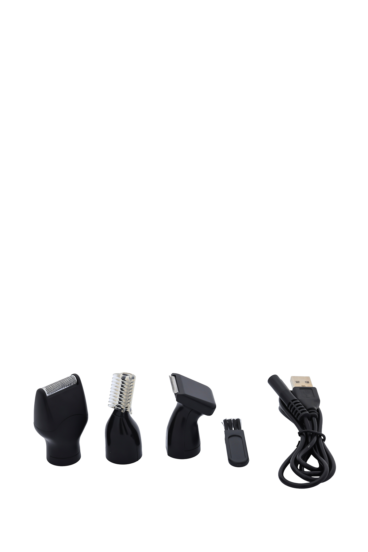 Beş siyah ve gümüş renkli tıraş makinesi başlığı ve beyaz arka plan üzerinde USB şarj kablosu.