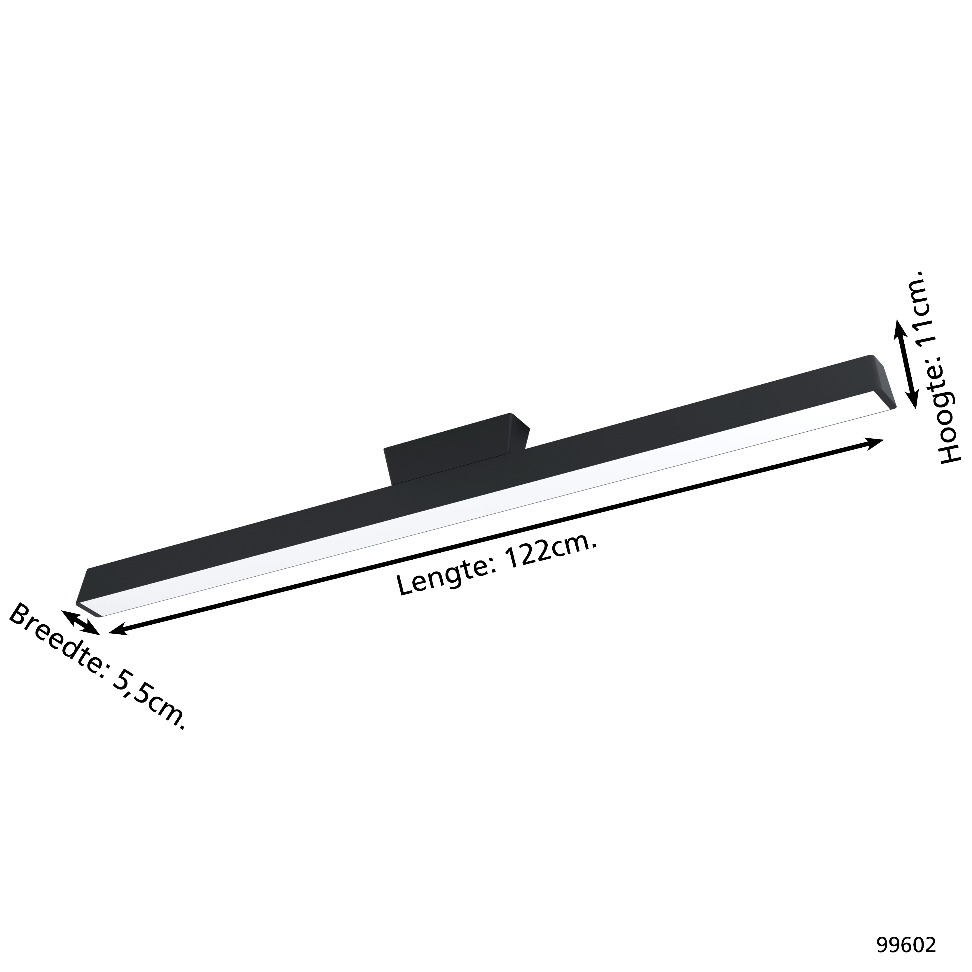 Lampada nera con dimensioni: lunghezza 122cm, larghezza 5,5cm, altezza 11cm.