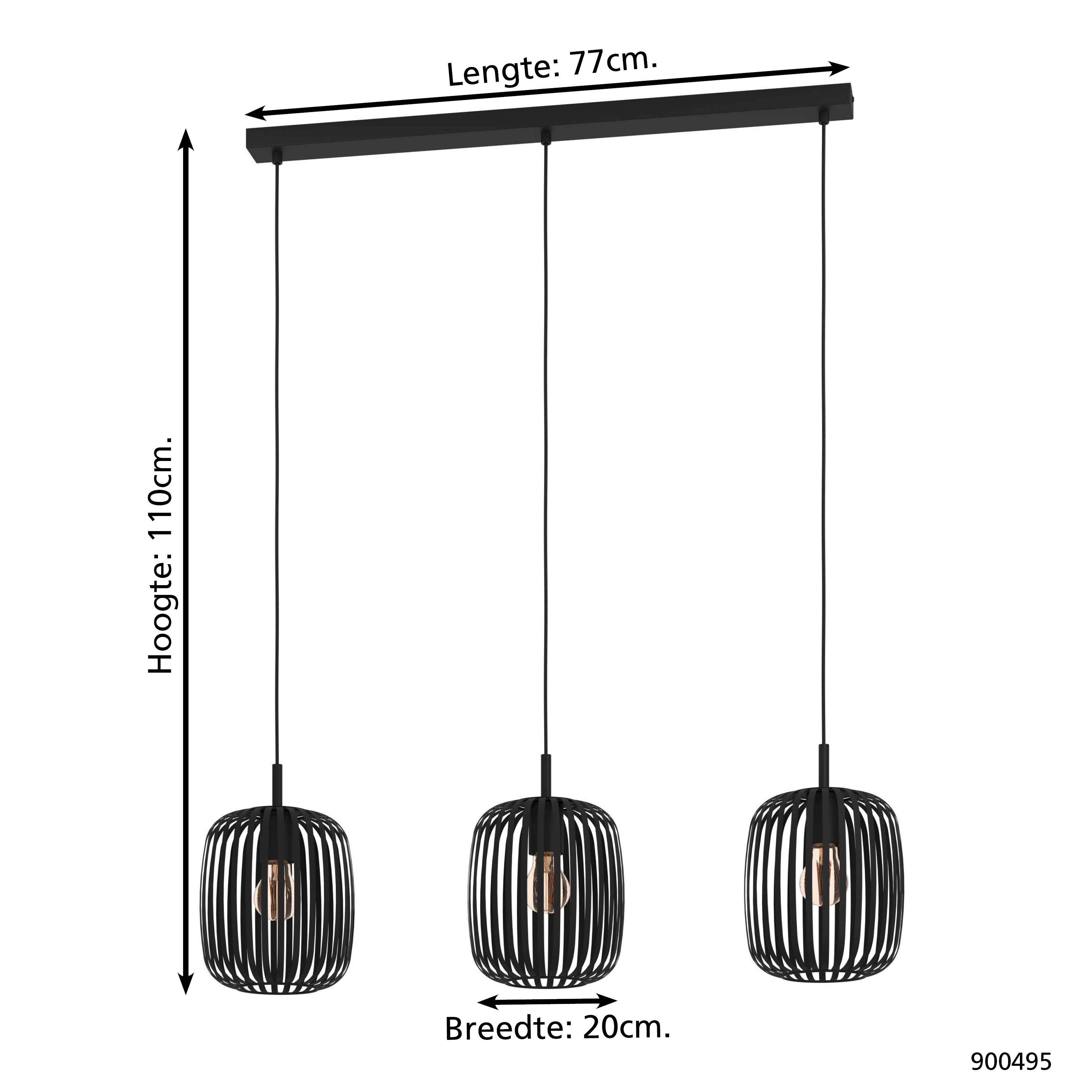 Zwarte hanglamp met 3 lampenkappen, 77cm lang, 110cm hoog.