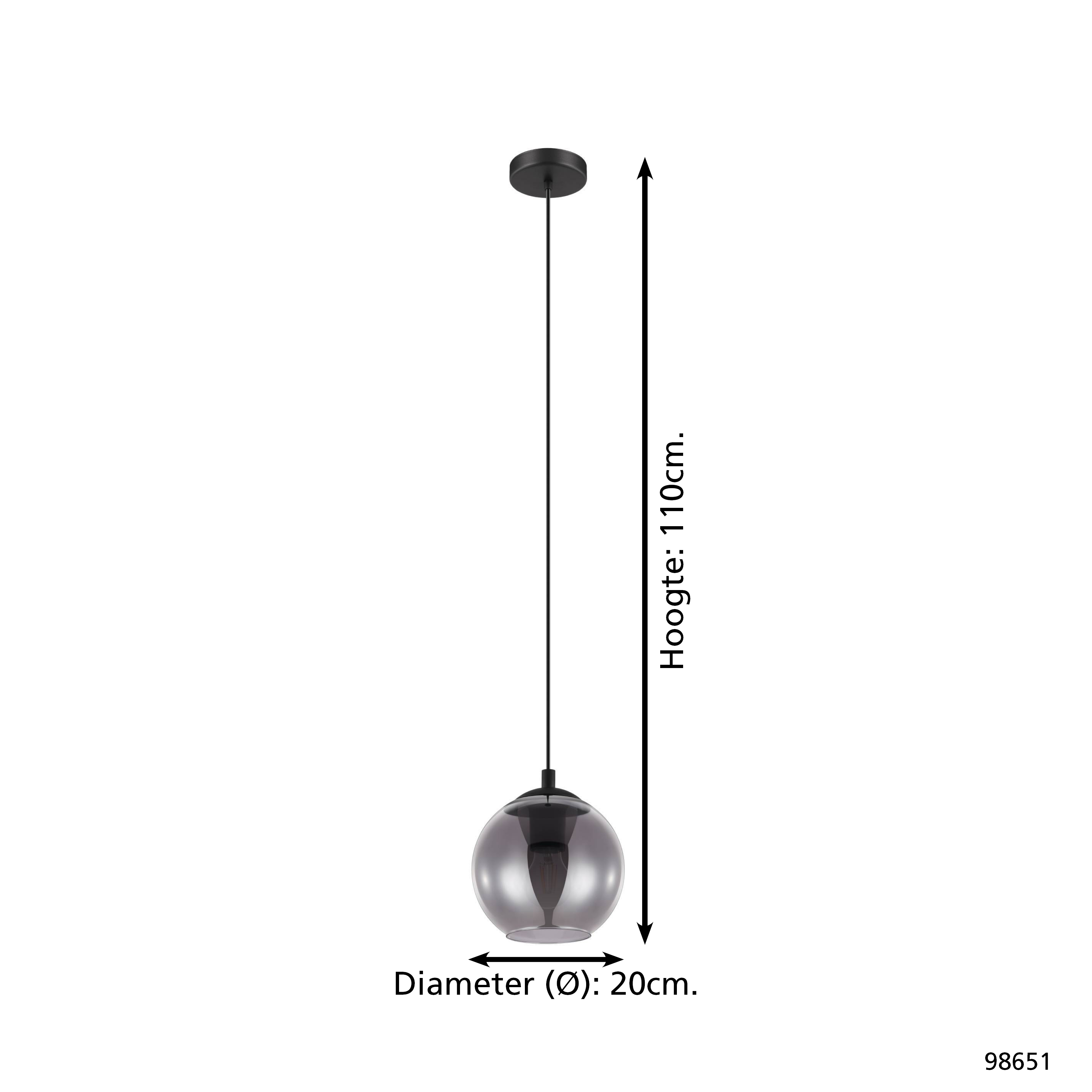 Lampada a sospensione grigia con supporto a soffitto nero. Altezza 110cm, diametro 20cm.