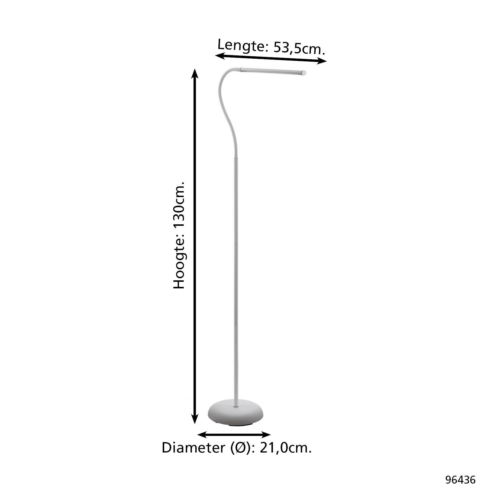 Una lampada da terra bianca con dimensioni: Altezza 130cm, Lunghezza 53,5cm, Diametro 21cm.