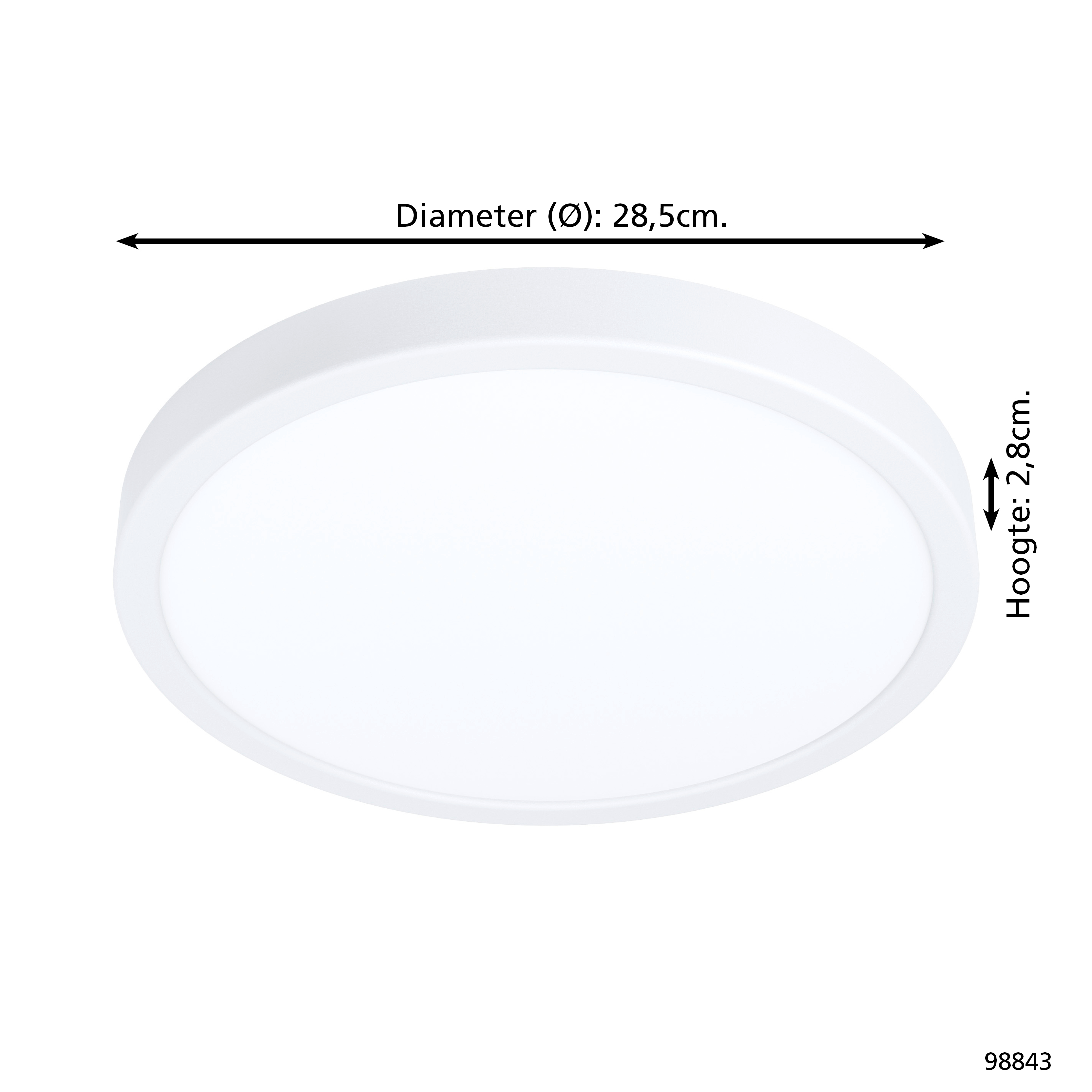 Biała lampa sufitowa o średnicy 28,5 cm i wysokości 2,8 cm.