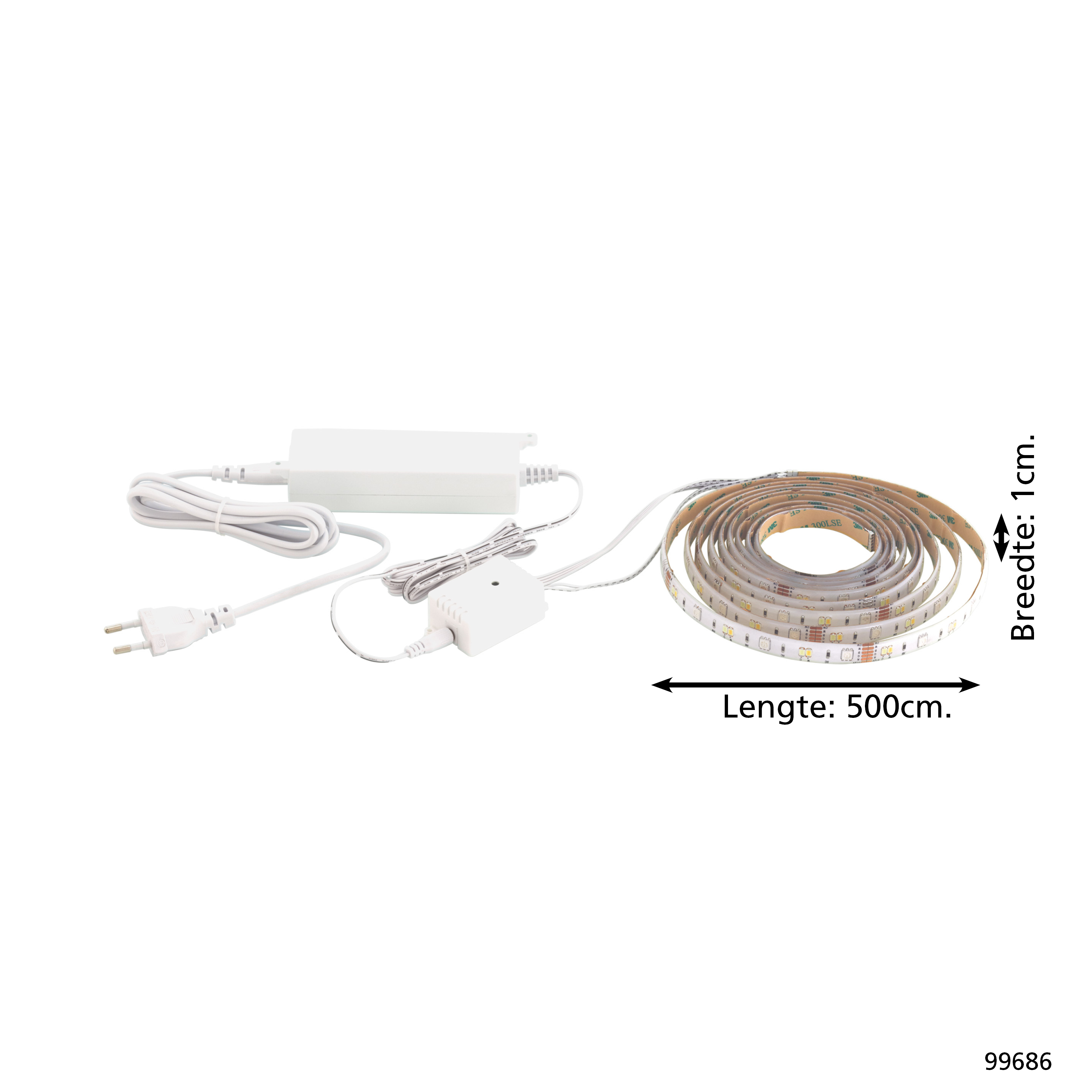 Ein weißer LED-Streifen mit Netzteil und Controller, 500cm lang, 1cm breit.