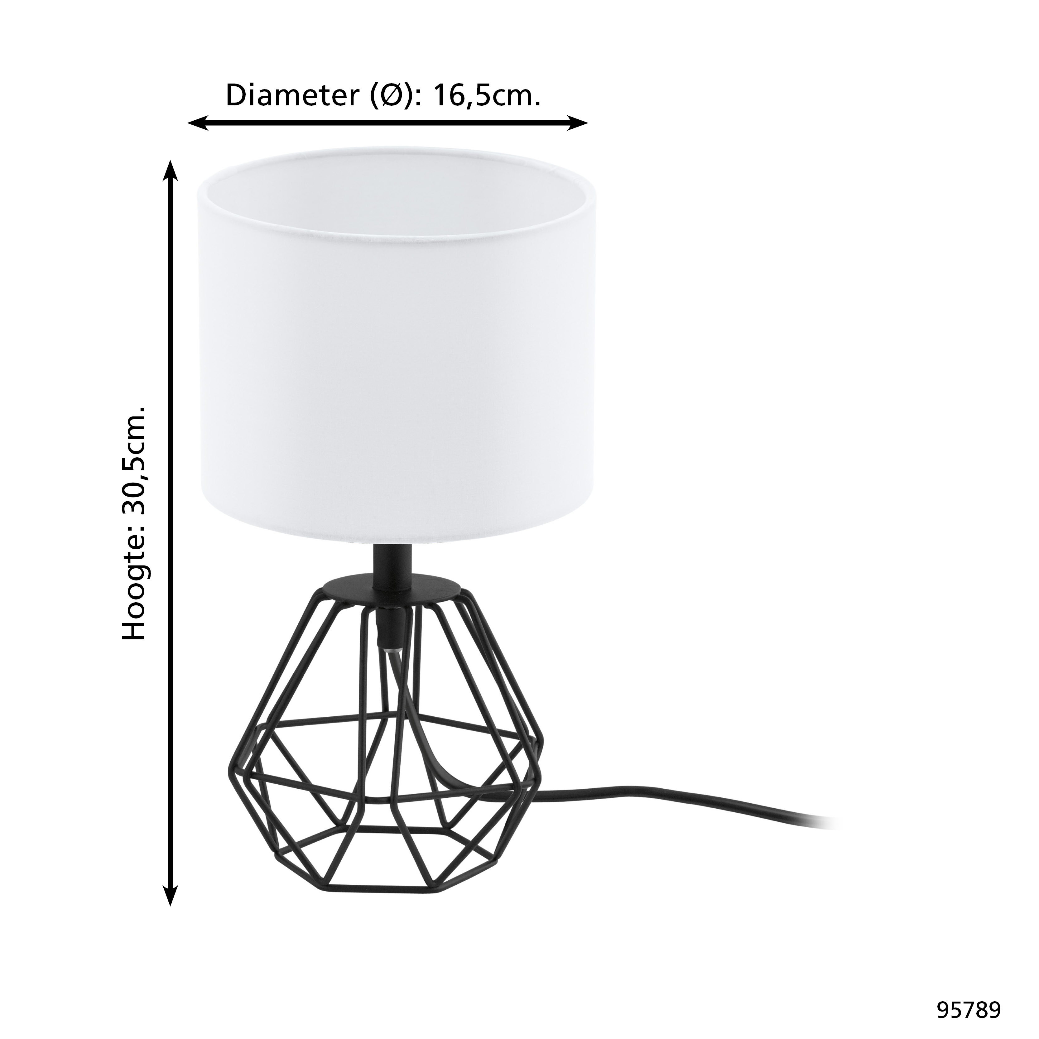 Lampada nera con base in filo e paralume bianco. H: 30,5cm, D: 16,5cm.