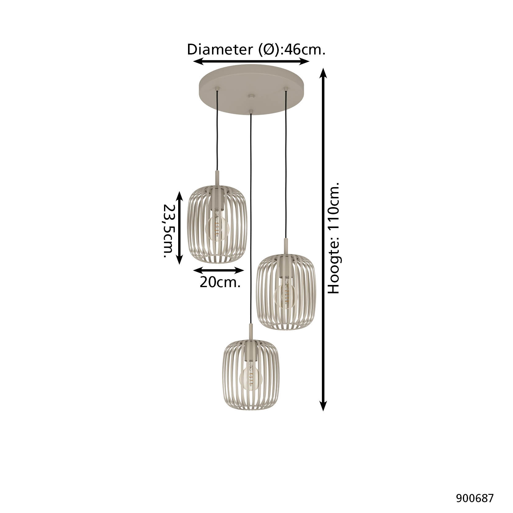 Hanglamp met drie lampenkappen, 46cm diameter, 110cm hoogte.