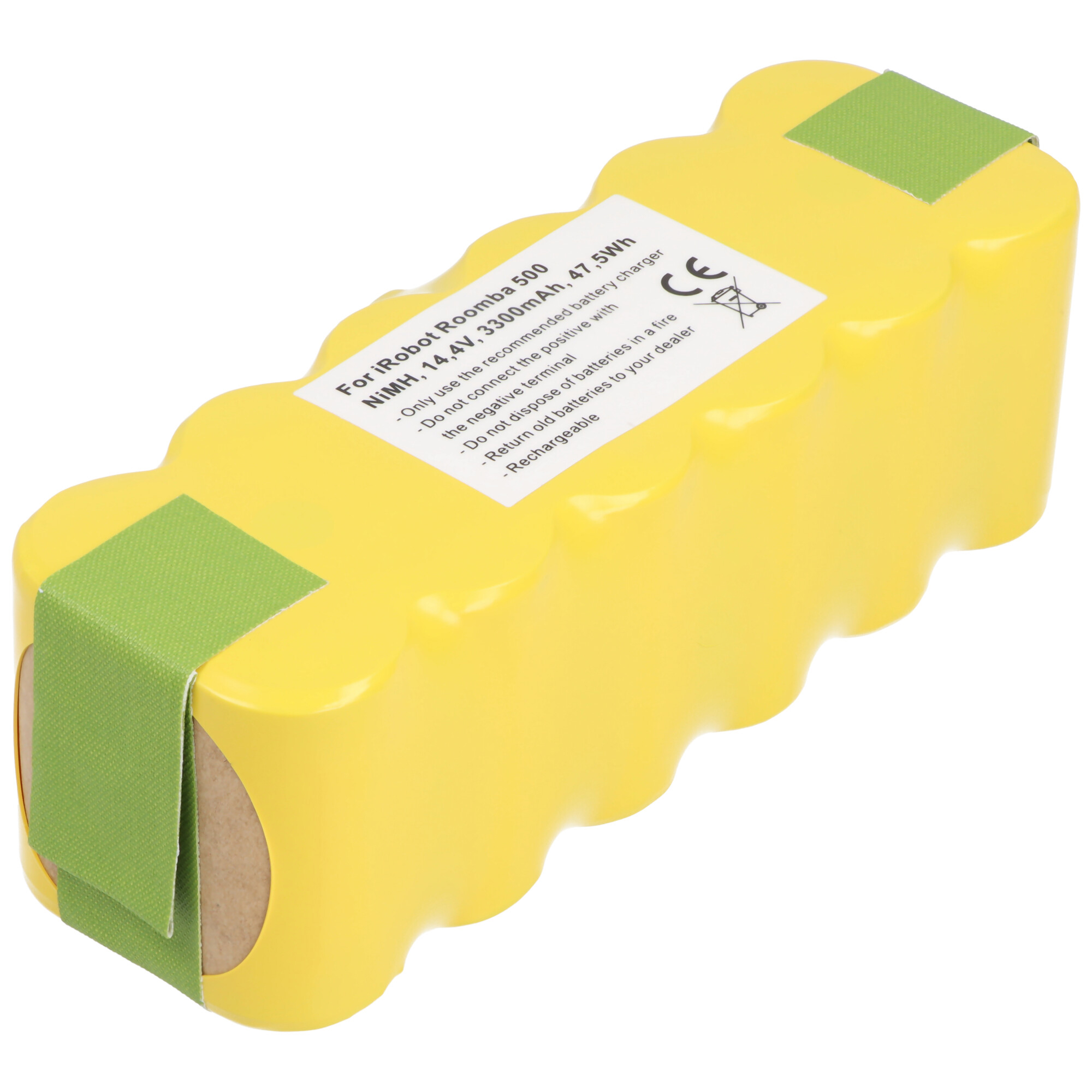 Gelber Akku für iRobot Roomba 500, 14,4V, 3300mAh, mit grünen Klebestreifen.