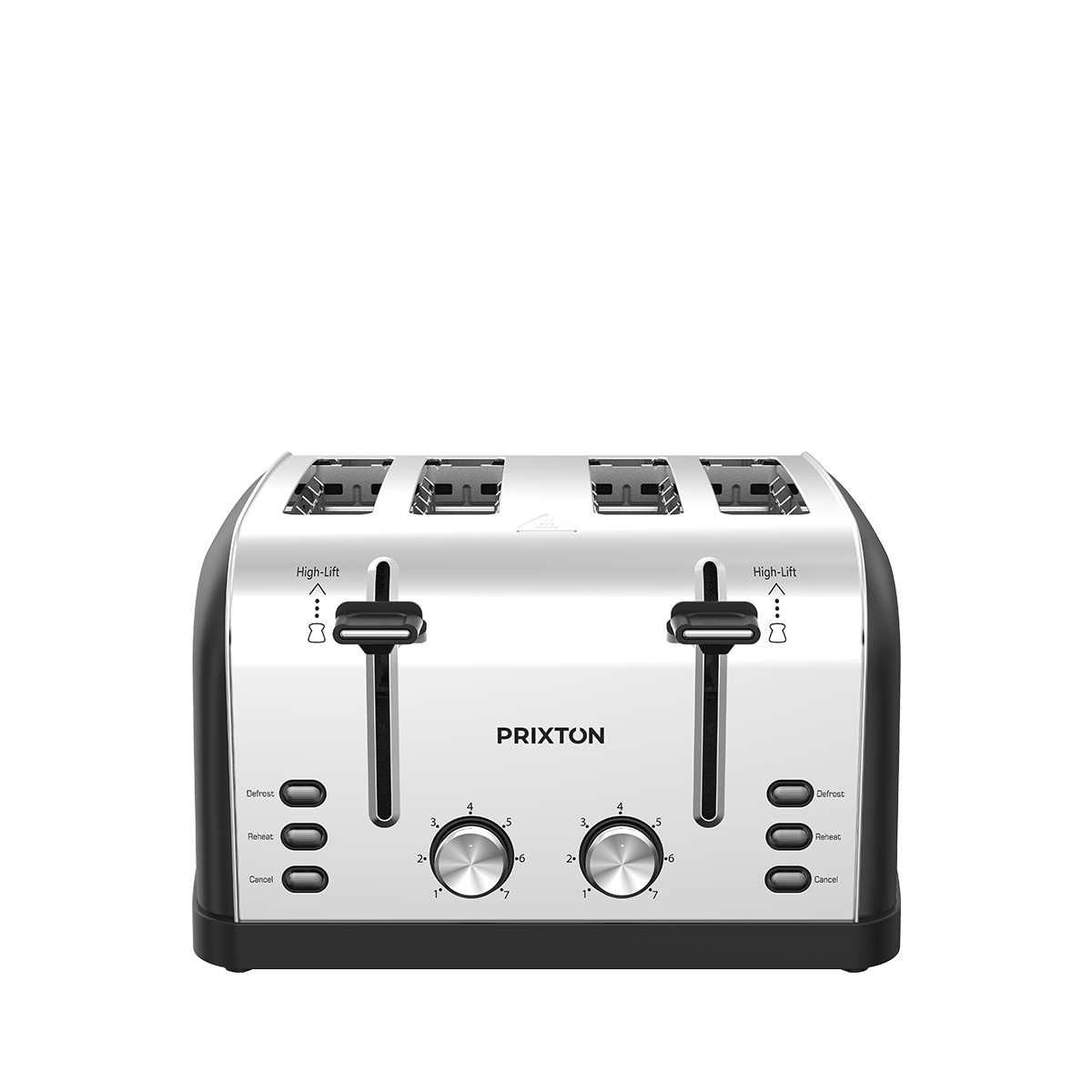 Srebrny toster czteroszlitowy z czarnymi akcentami i przyciskami.