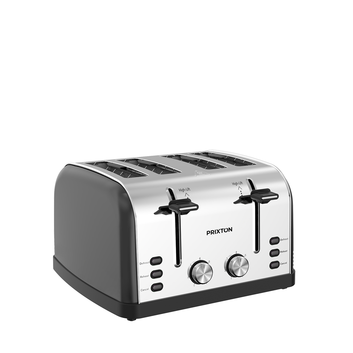 Srebrno-czarny toster na cztery kromki z pokrętłami i dźwigniami.