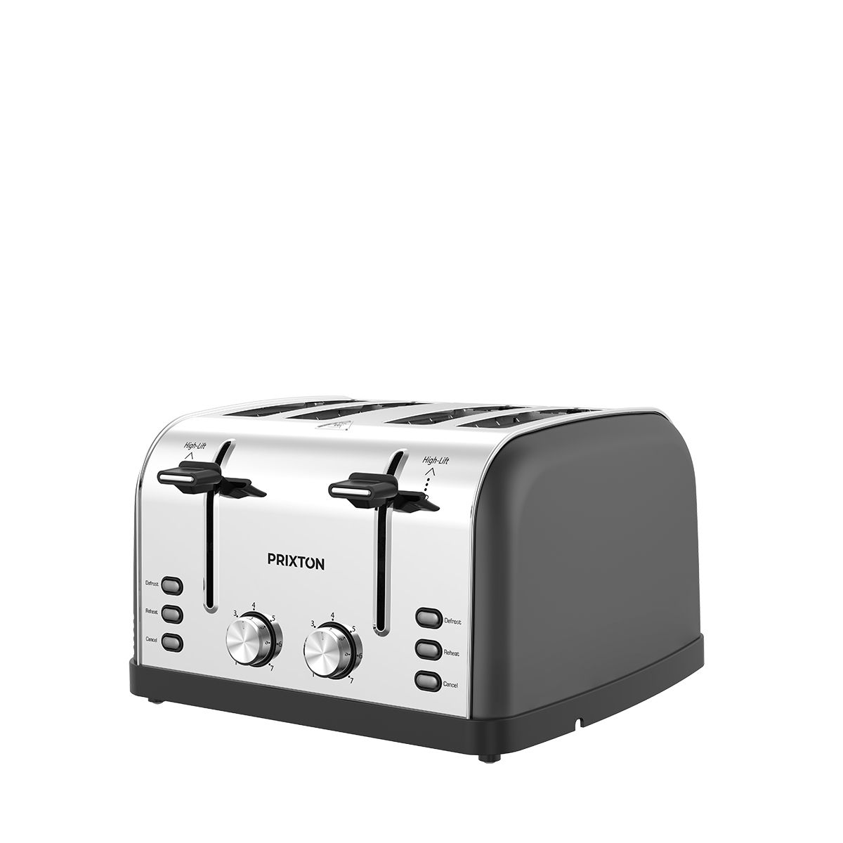Srebrny i czarny 4-otworowy toster Prixton na białym tle.