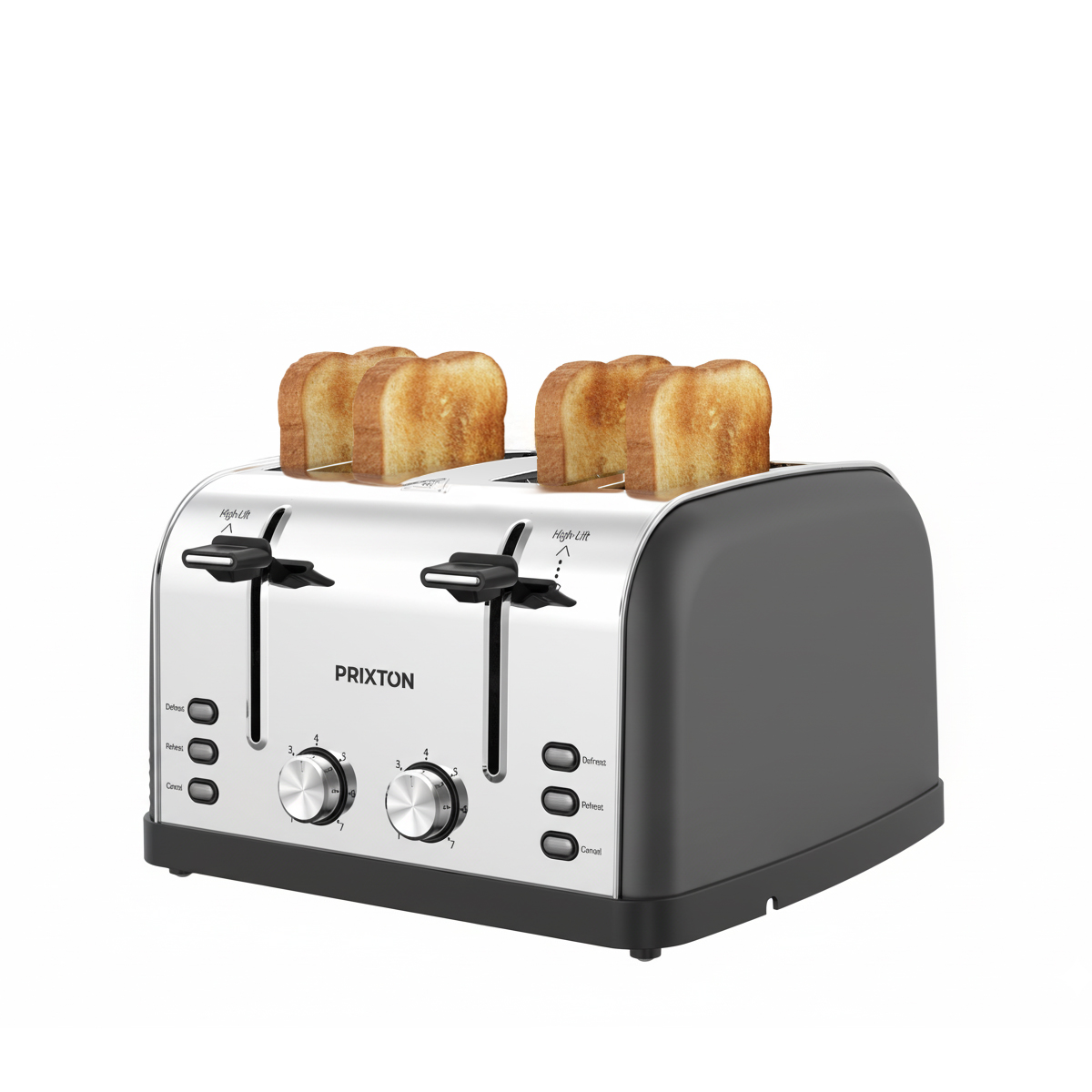 Srebrny i czarny toster na cztery kromki z tostami.