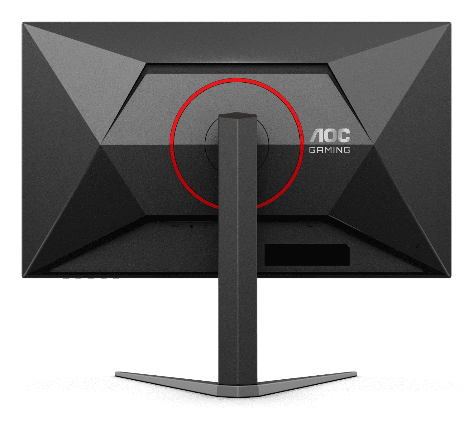 Rückseite eines schwarzen AOC Gaming Monitors mit rotem Kreis und silbernem Standfuß.
