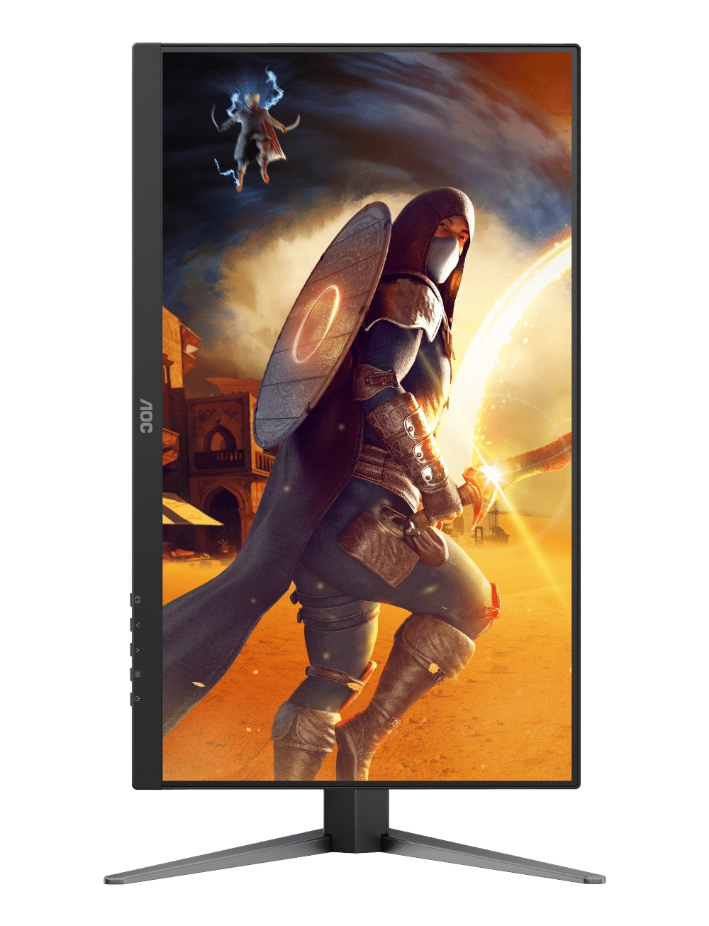 Wojownik w kapturze z tarczą stoi w pustynnym mieście. Inny wojownik leci.