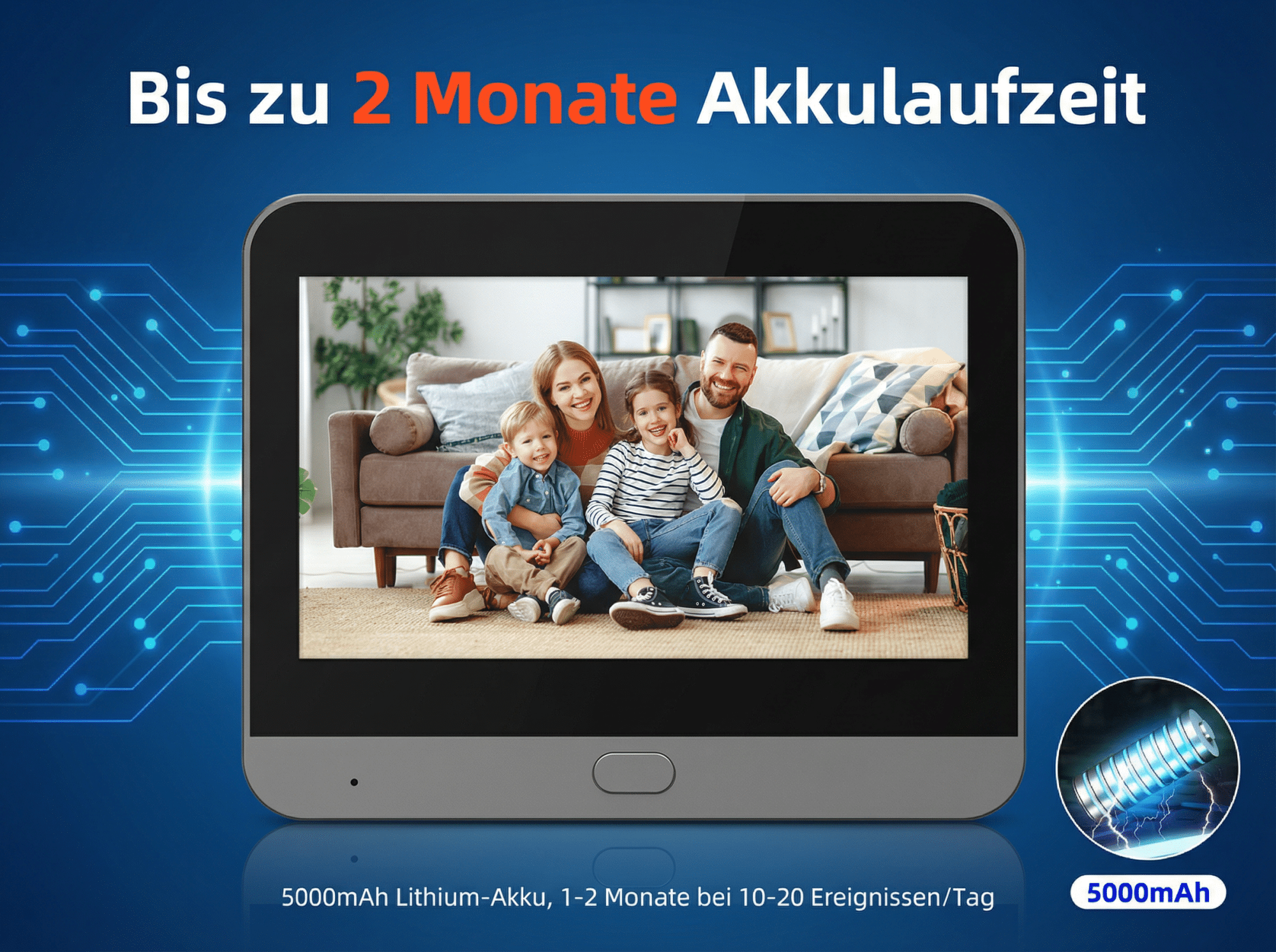 Familie auf Sofa, Gerät mit Akku-Symbol und Text "Bis zu 2 Monate Akkulaufzeit".