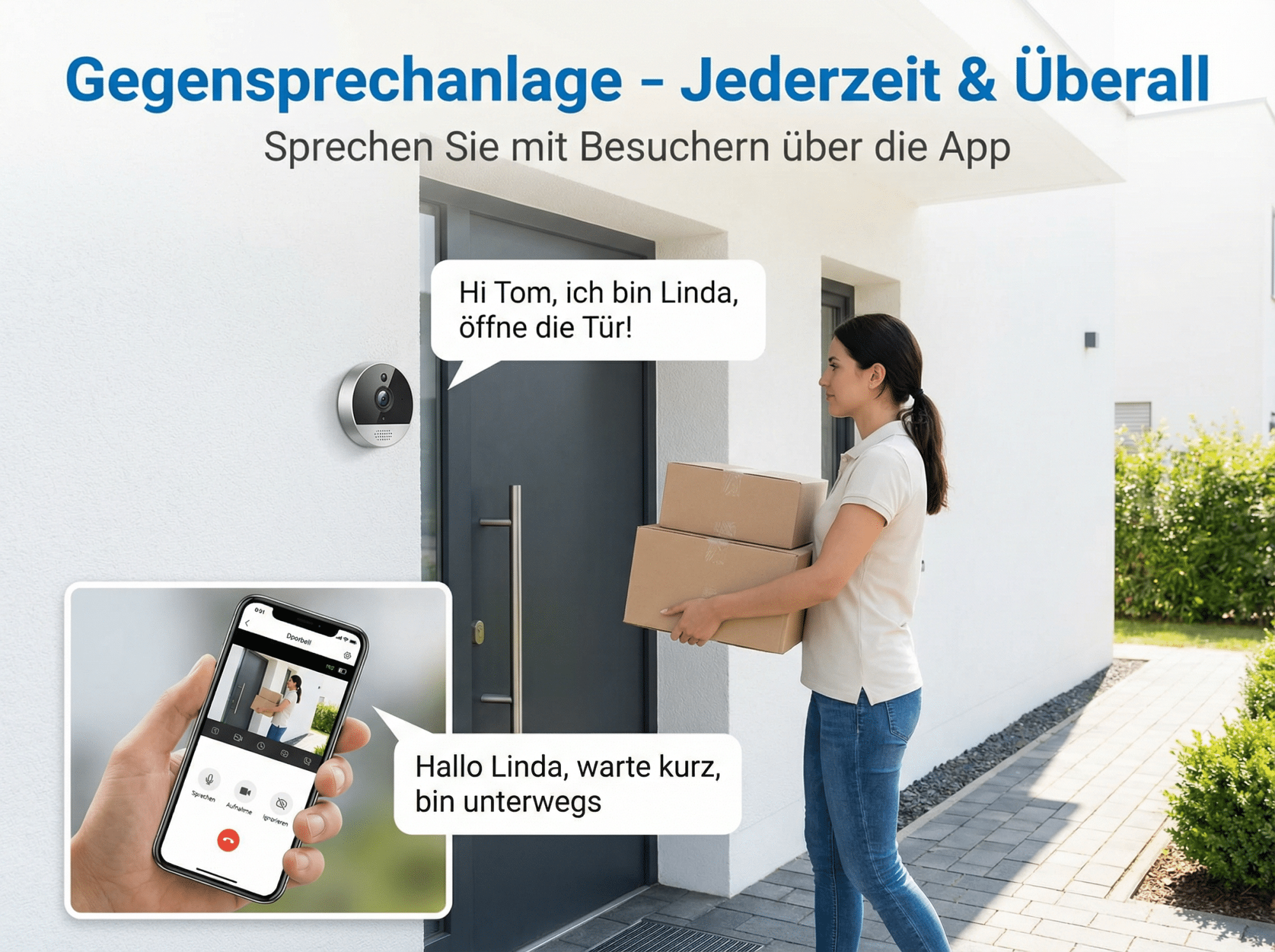 Ein Mann hält ein Smartphone mit einer Türklingel-App. Eine Frau trägt Pakete zur Tür.