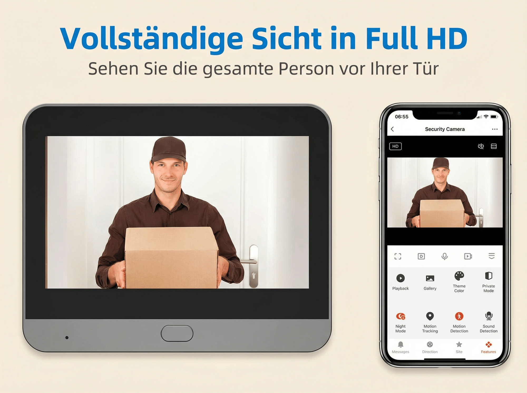 Mann mit Paket vor Tür auf Tablet und Handy.