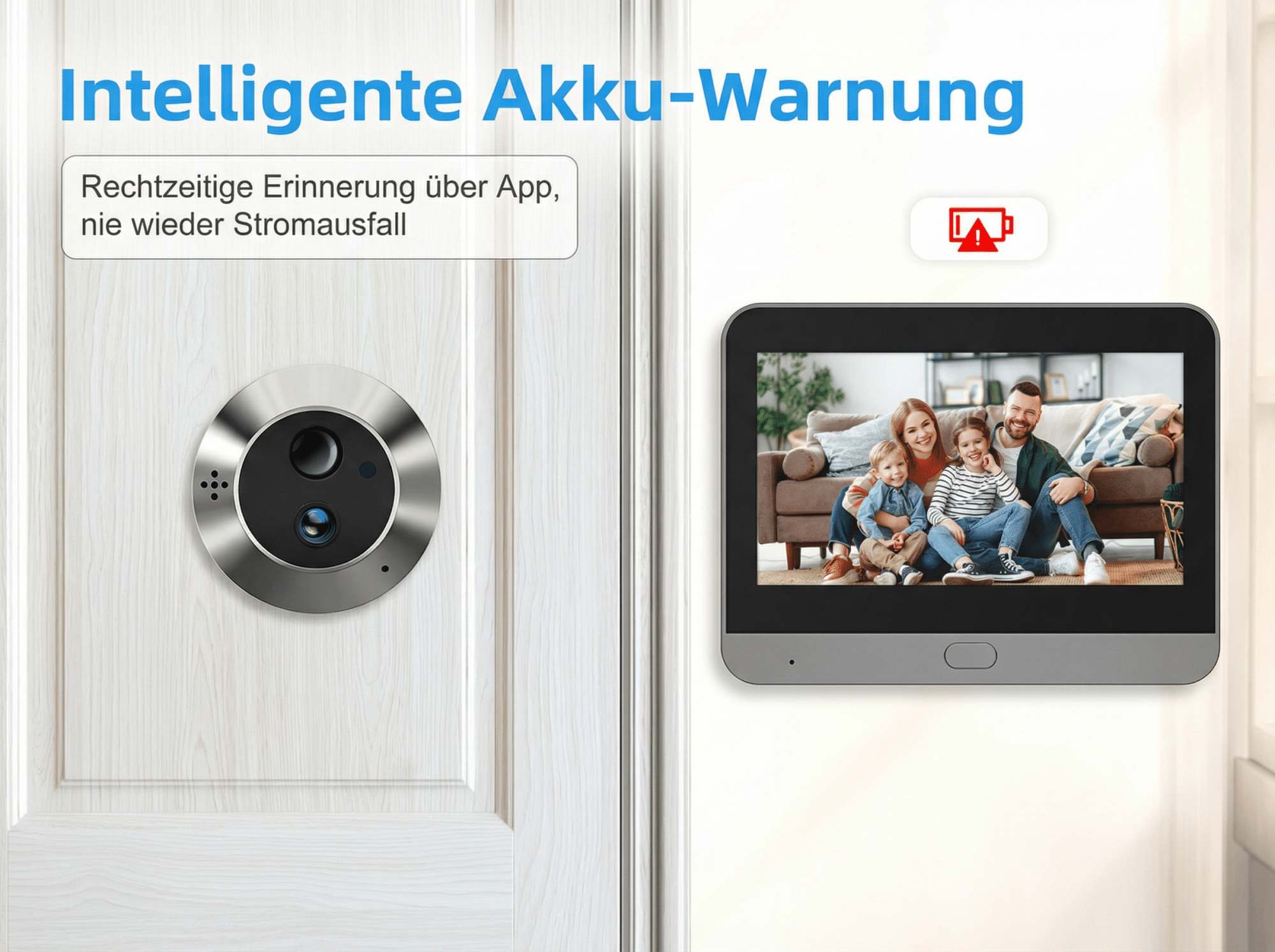 Türkran-Kamera mit Familie auf dem Bildschirm und Akkuwarnung.