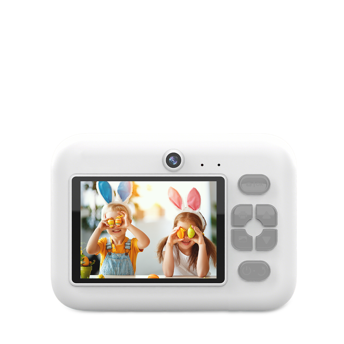 Dzieci z króliczymi uszami trzymają pisanki przed oczami.