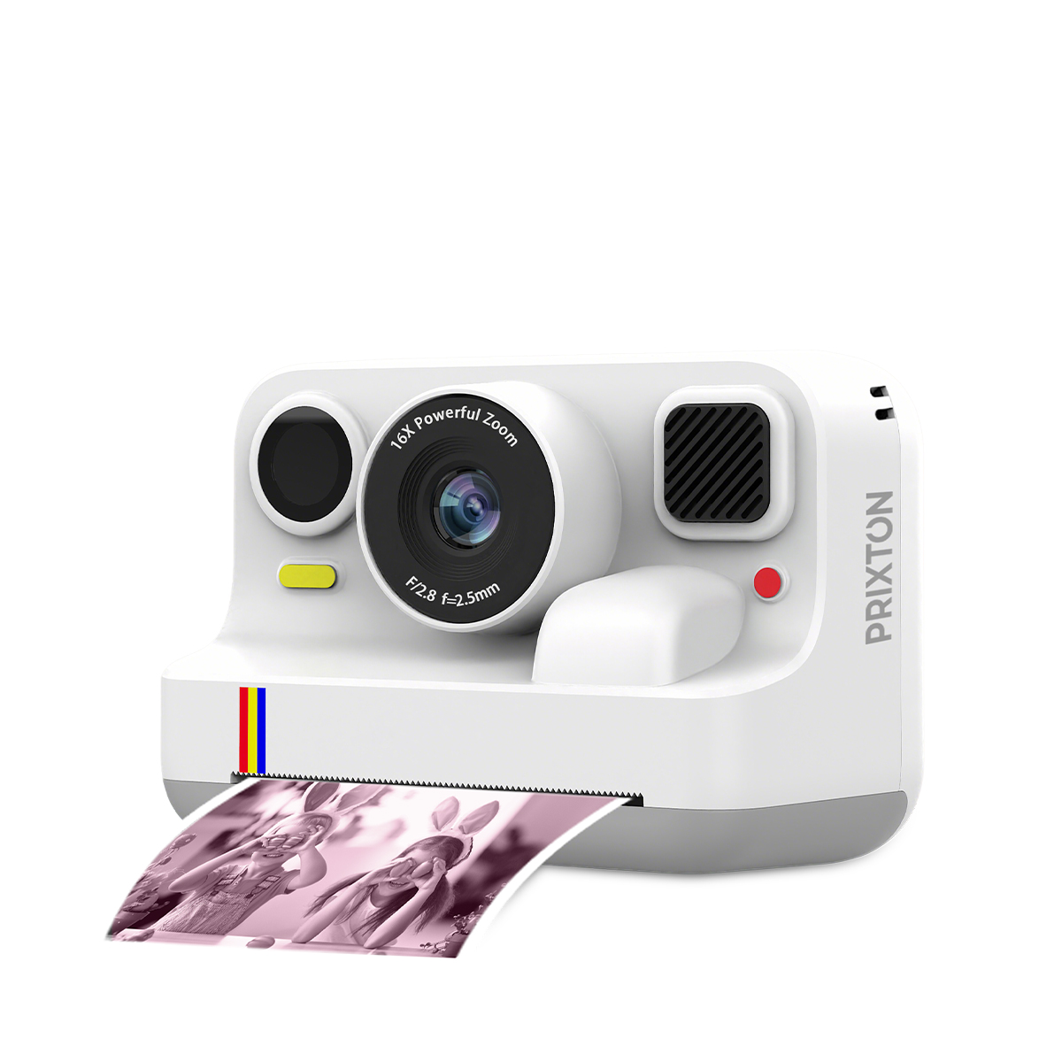 Biały aparat natychmiastowy z zadrukowanym papierem i obiektywem.