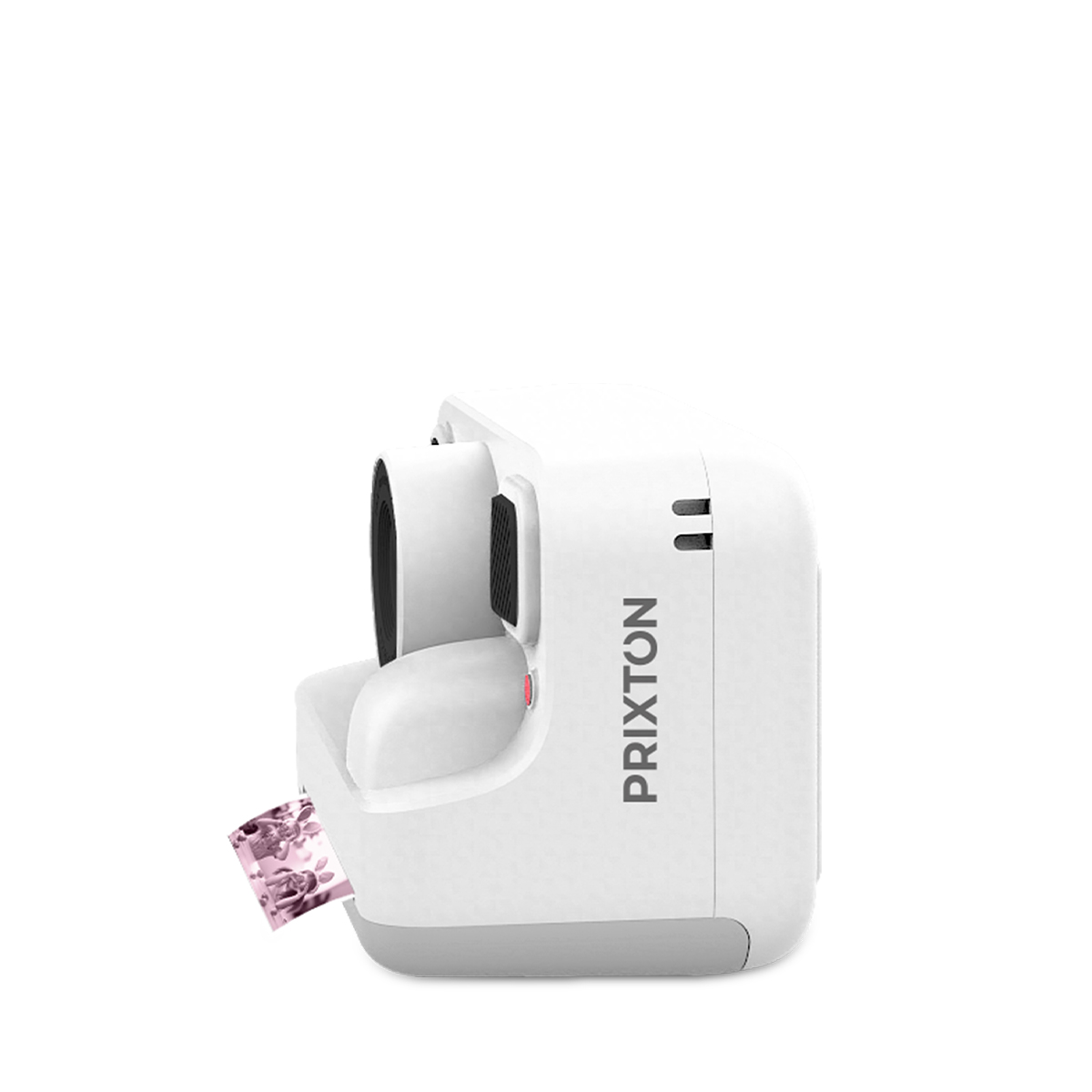 Biała drukarka Prixton z wychodzącym małym różowym zdjęciem.