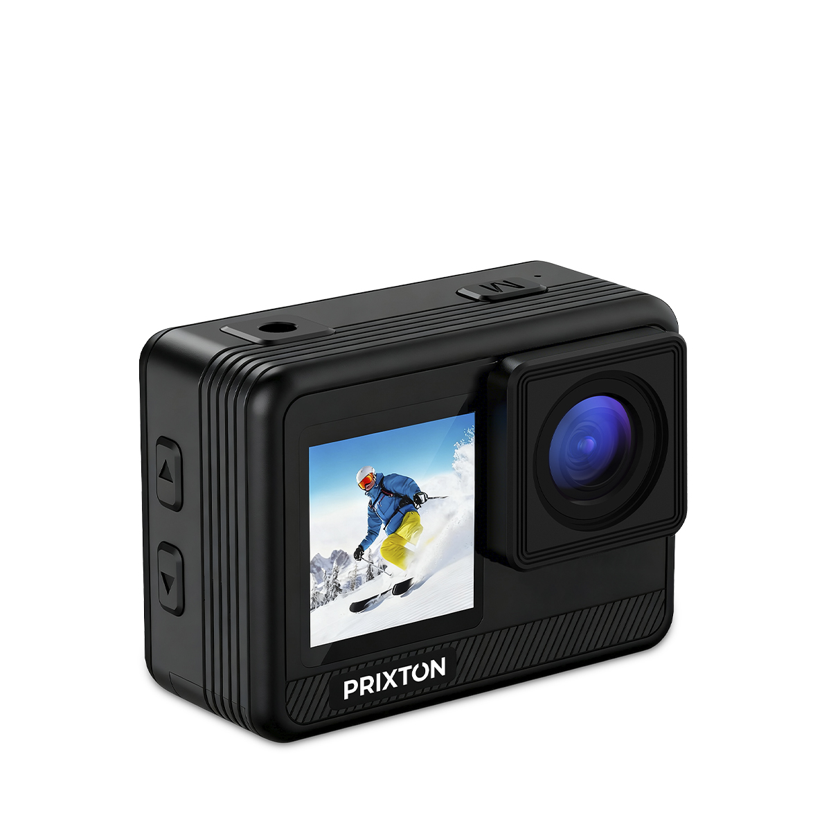 Czarna kamera akcji pokazująca narciarza na ekranie, z obiektywem.