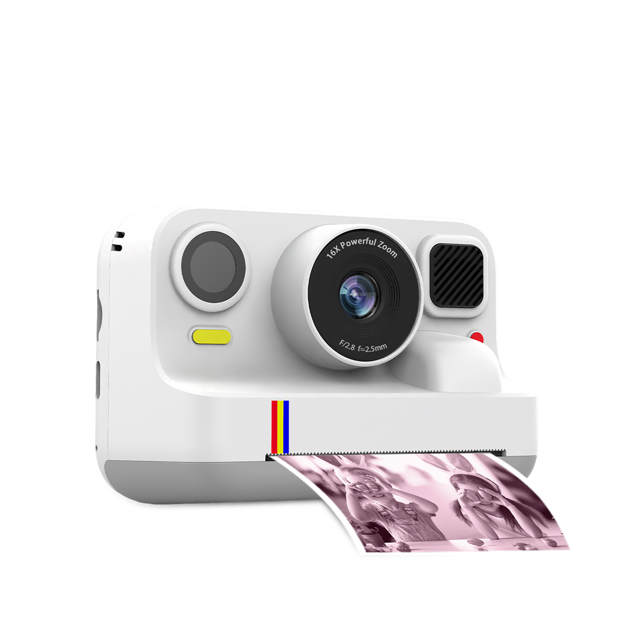 Biały aparat natychmiastowy drukuje zdjęcie dwóch osób w króliczych uszach.