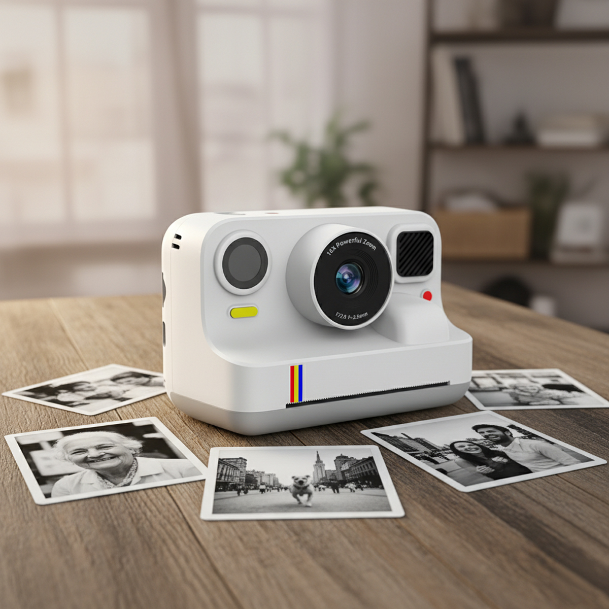 Biały aparat natychmiastowy na drewnianym stole z rozrzuconymi czarno-białymi zdjęciami.