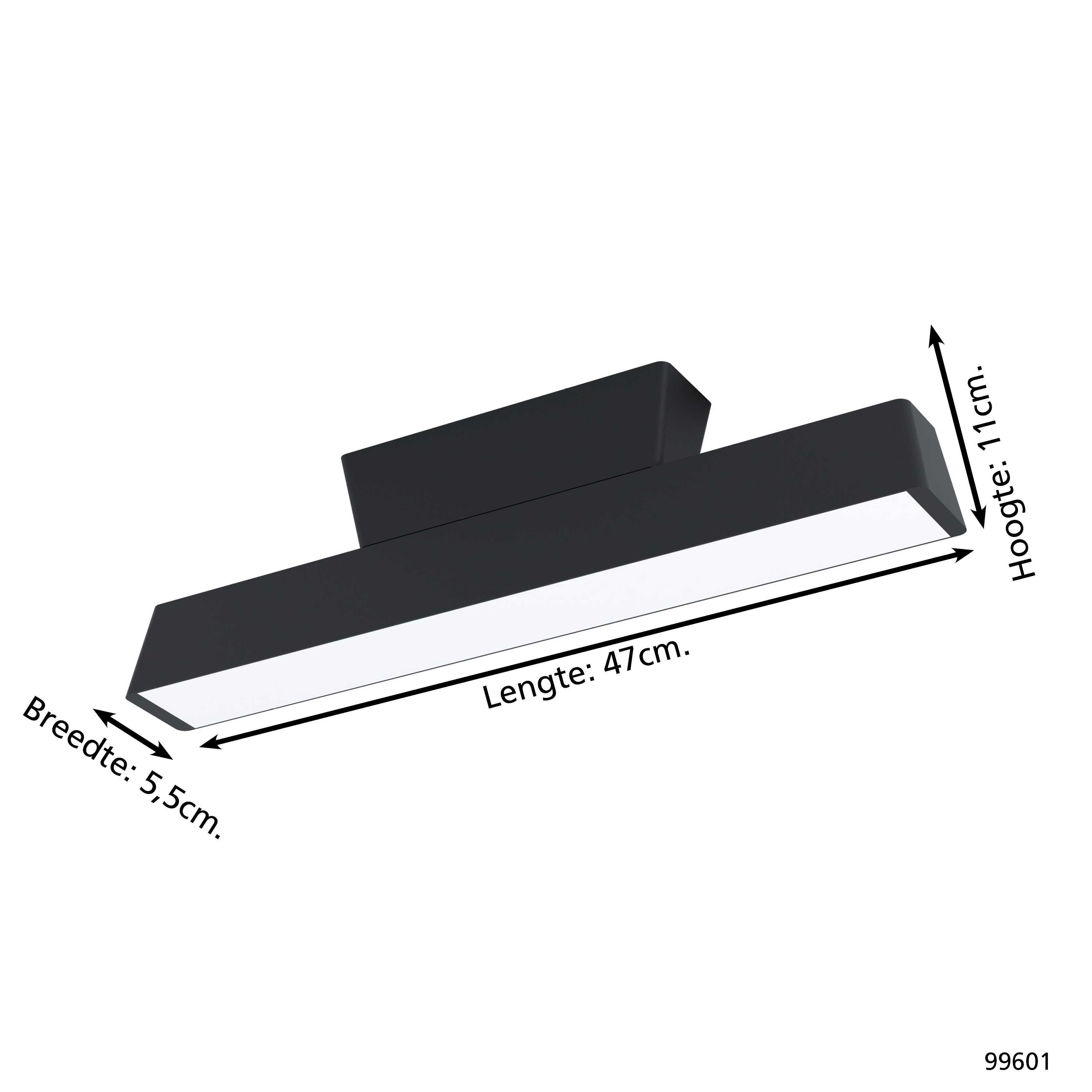 Schwarze LED-Leuchte, 47cm lang, 11cm hoch, 5.5cm breit.