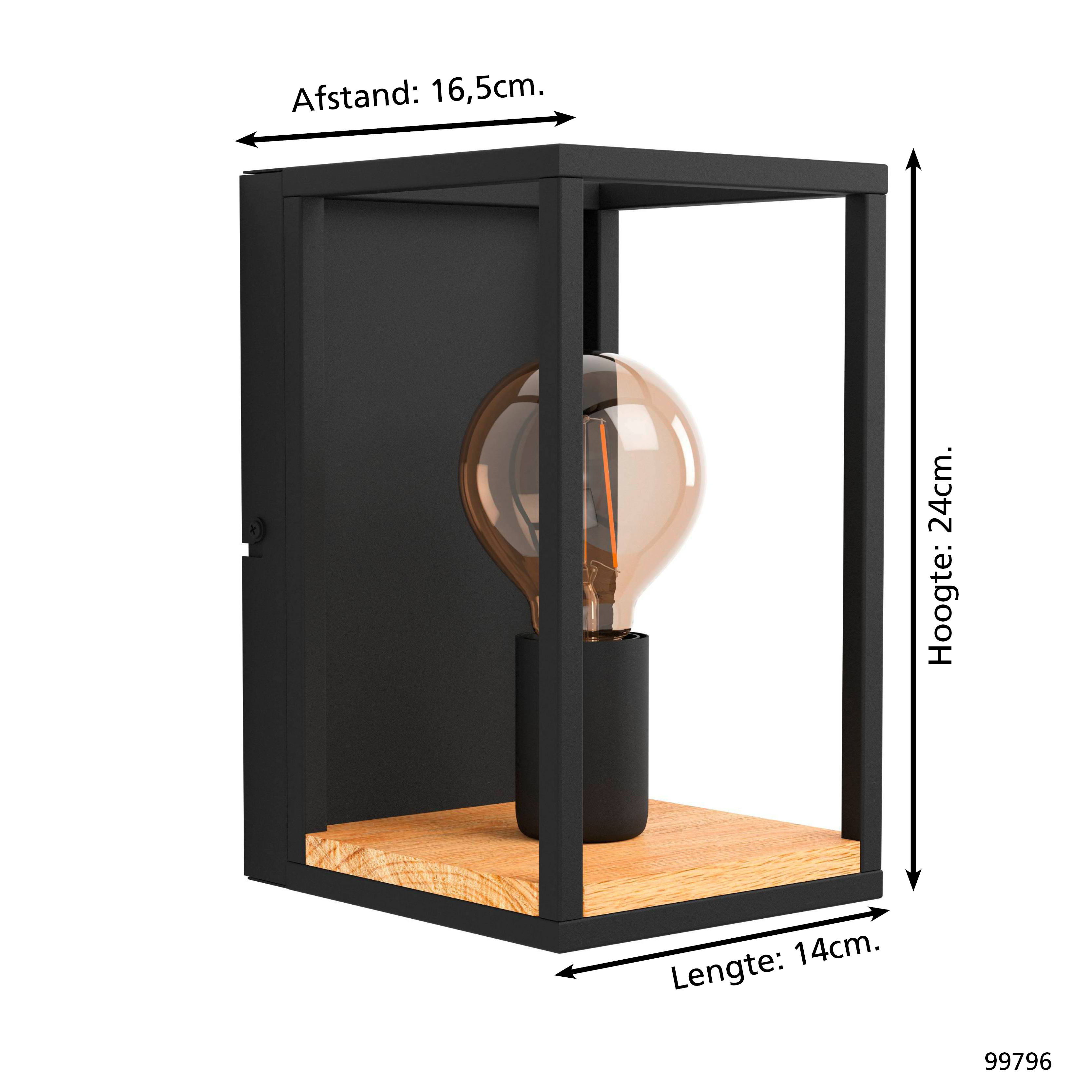 Applique murale noire avec base en bois et ampoule Edison.