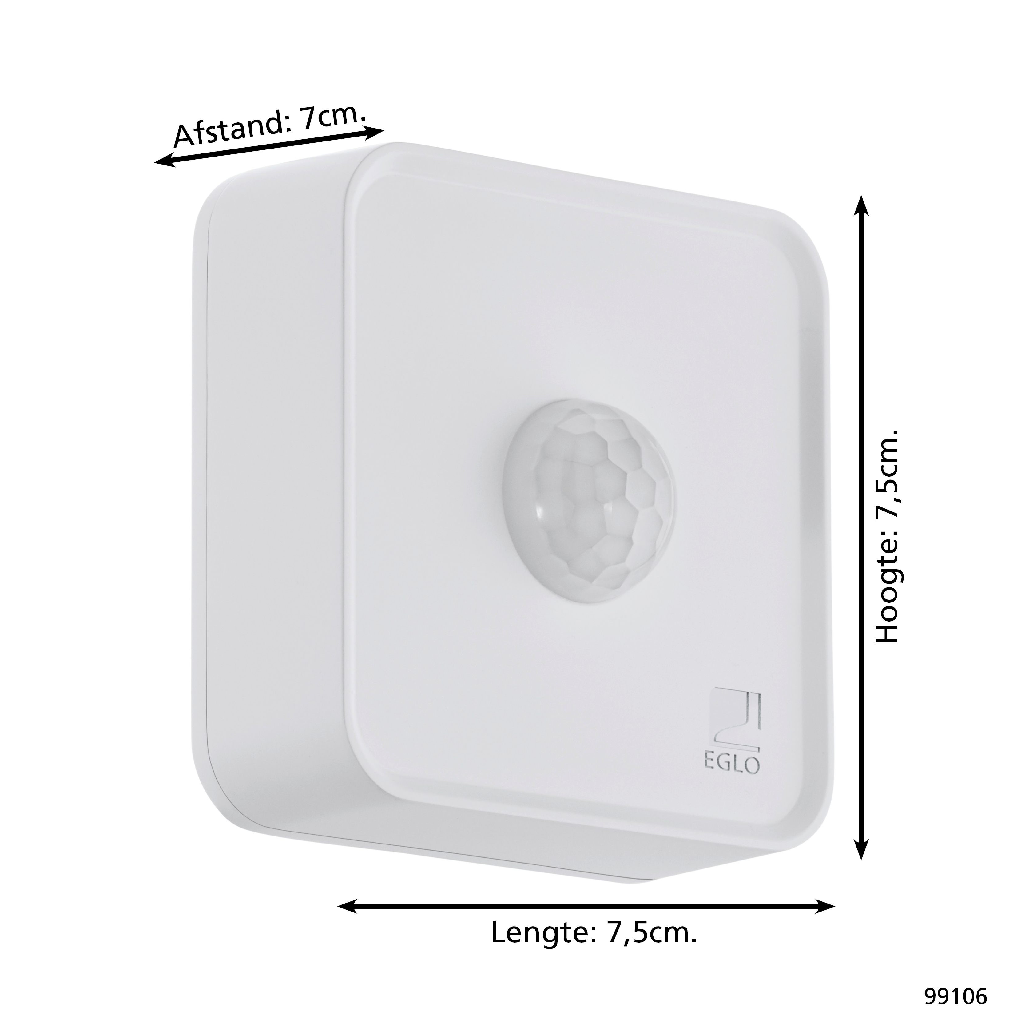 Un sensore di movimento bianco con logo EGLO, 7,5x7x7cm.