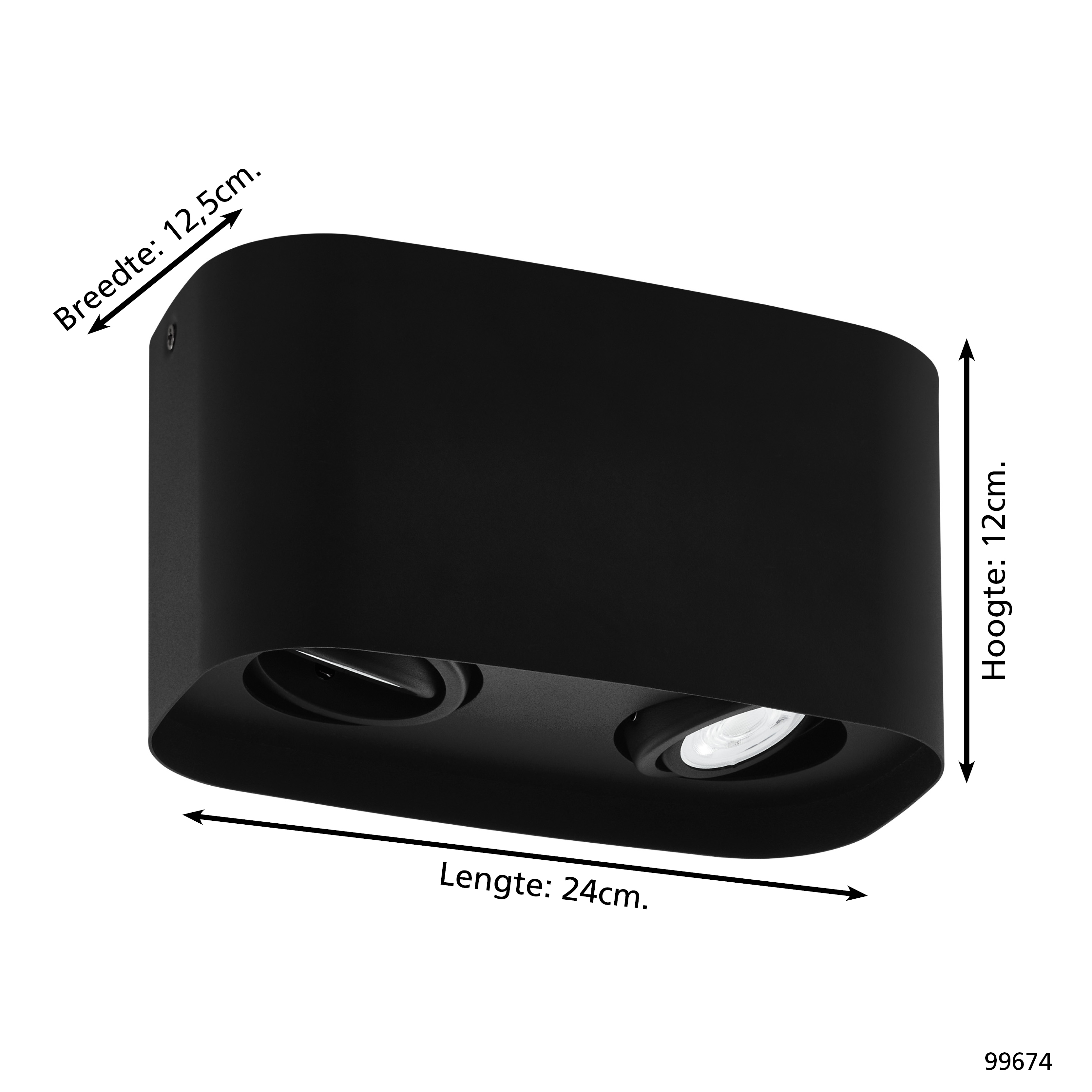 Schwarze Lampe mit zwei Lichtern, 24cm lang, 12,5cm breit, 12cm hoch.