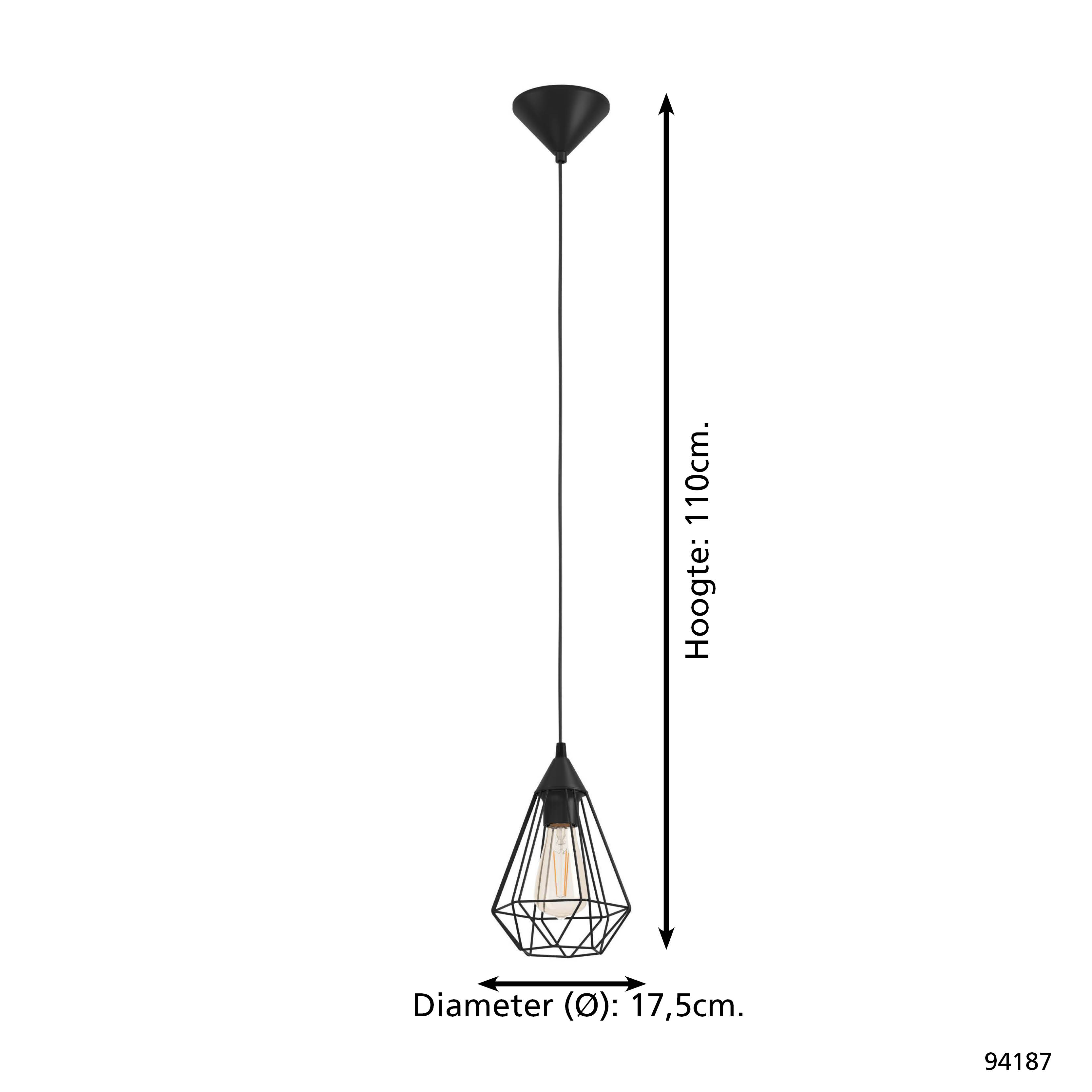 Lampada a sospensione nera con paralume geometrico in filo, alta 110cm, diametro 17,5cm.