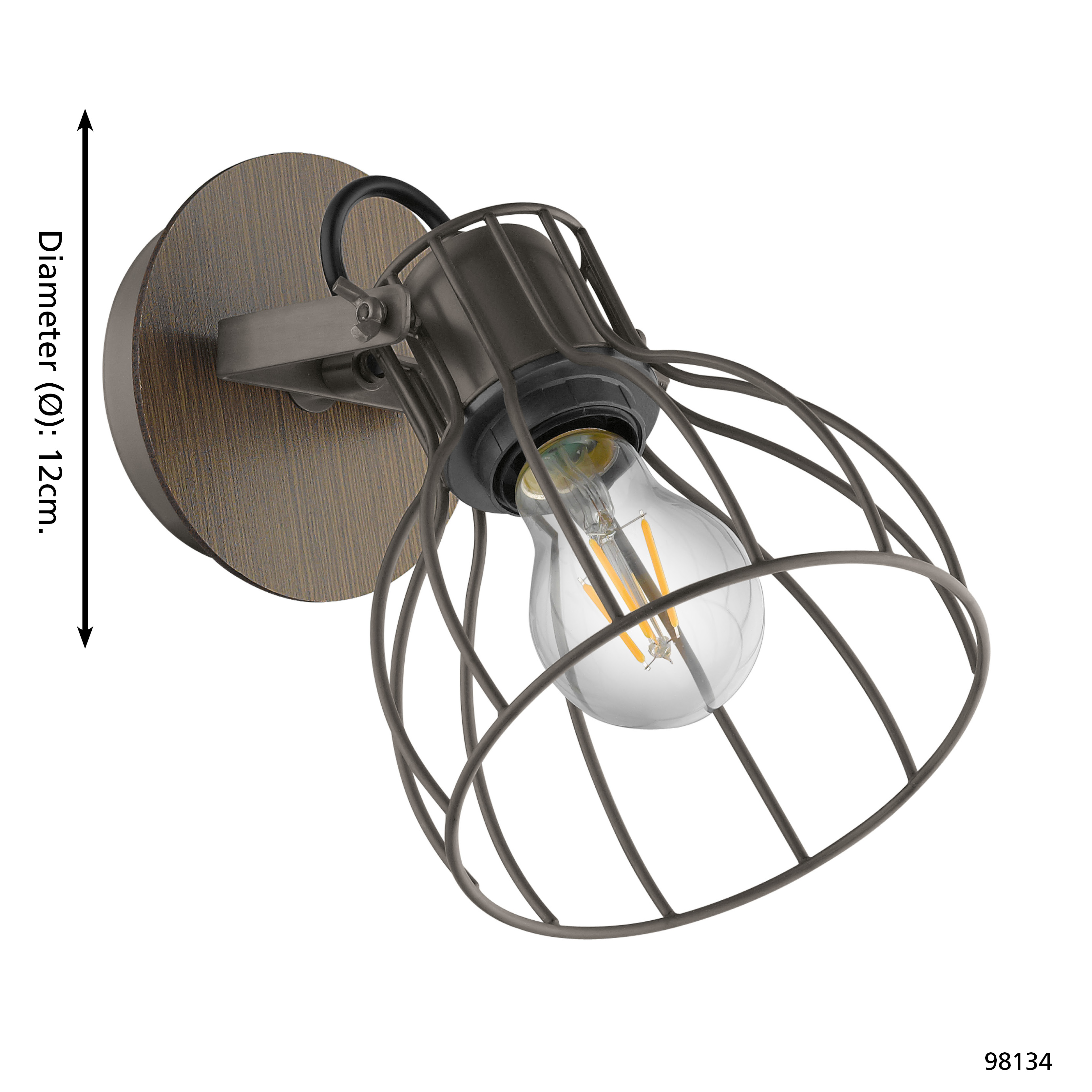 Lampada da parete con gabbia in filo e lampadina su base effetto legno. Diametro 12cm.